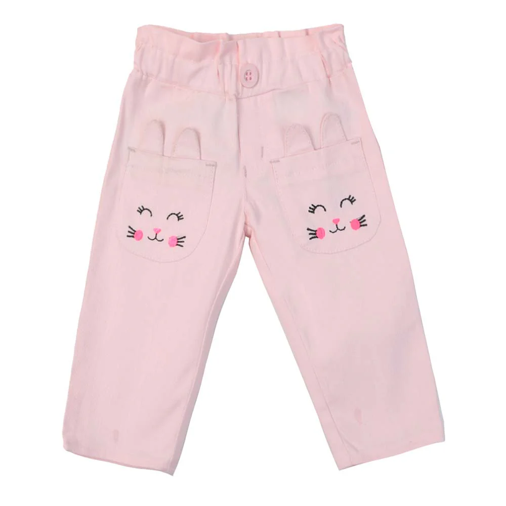 Infant Girls Cotton Pant Catty Pkt Emb - Pink