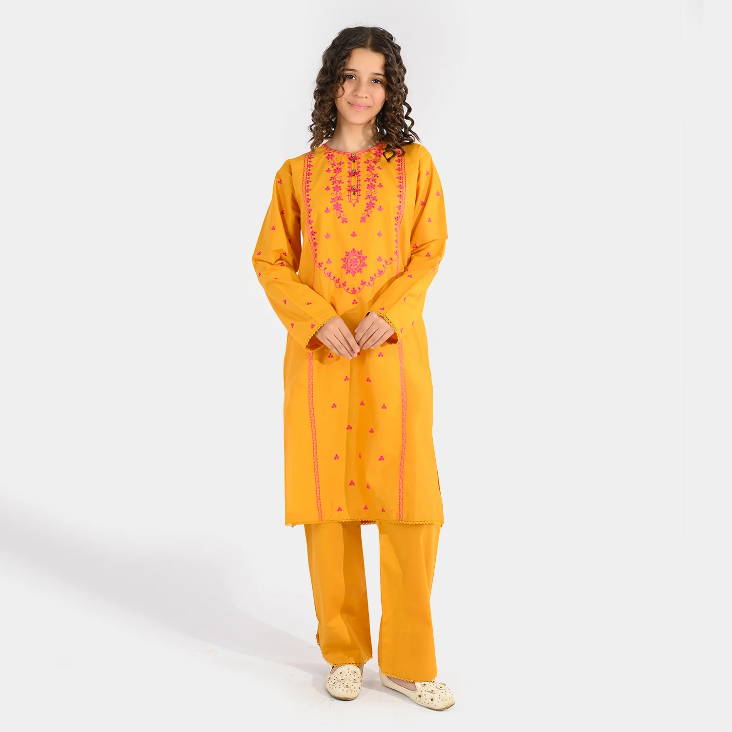 Girls Cotton Poplin Embroidered 2Pcs Yaad - Mustard