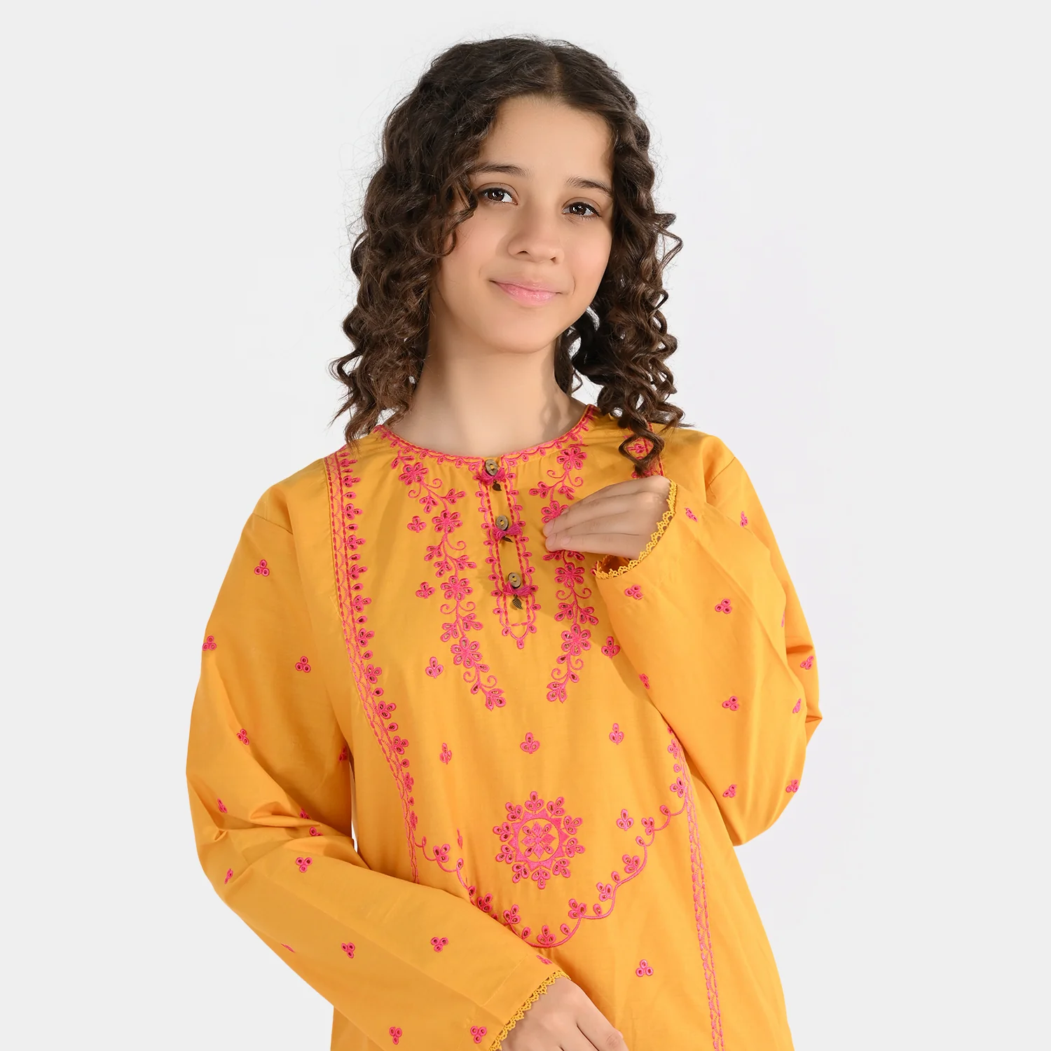 Girls Cotton Poplin Embroidered 2Pcs Yaad - Mustard - Image 2