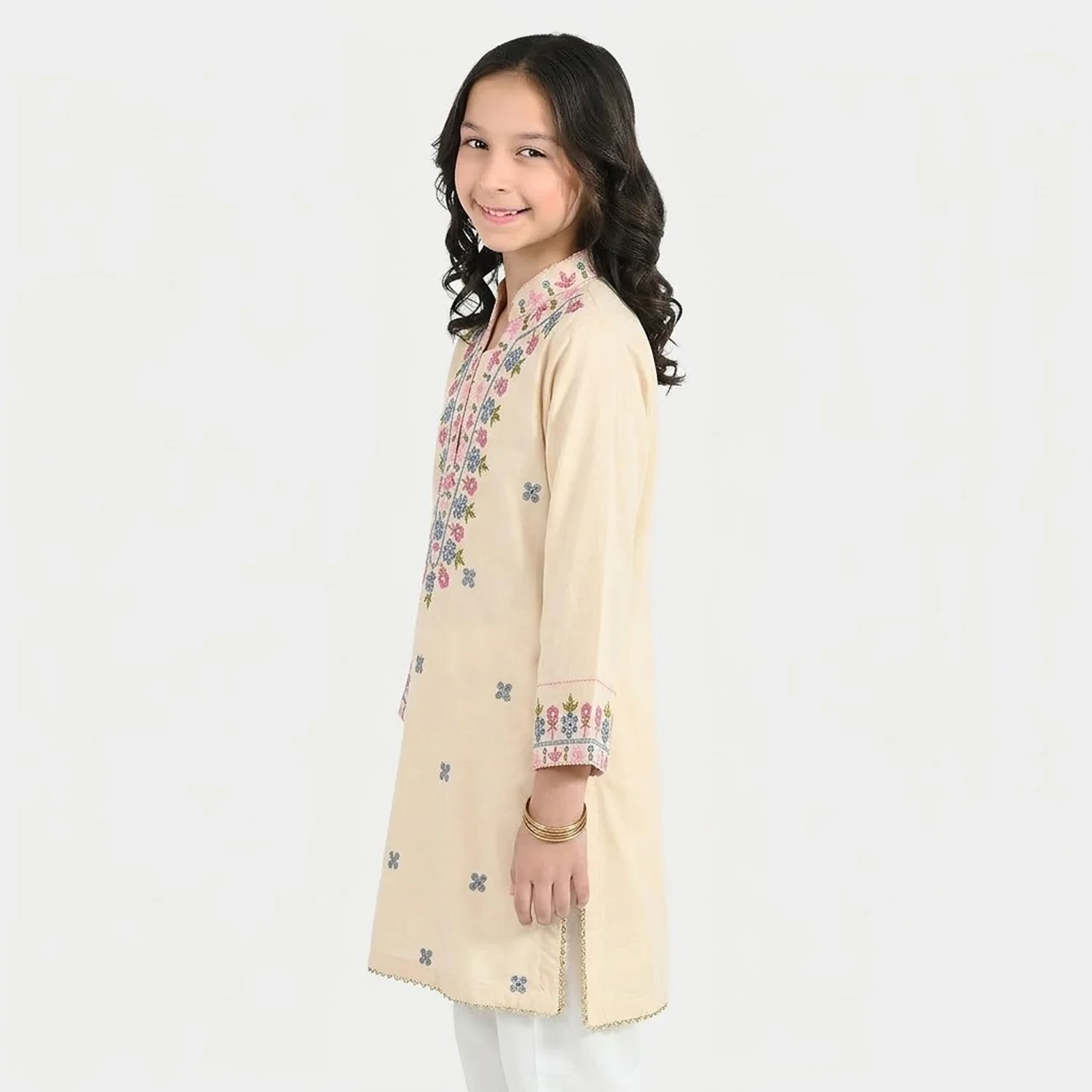 Girls Cotton Poplin Emb Kurti Chicken Kari-Cream - Image 2