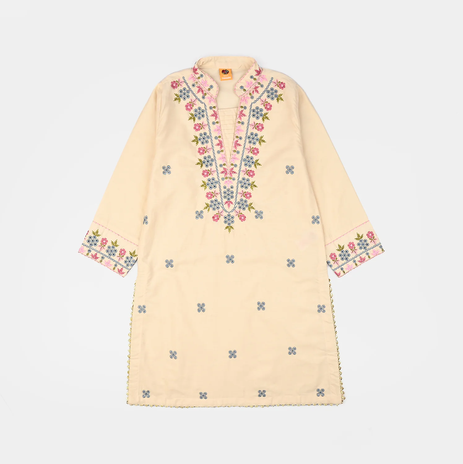 Girls Cotton Poplin Emb Kurti Chicken Kari-Cream - Image 3