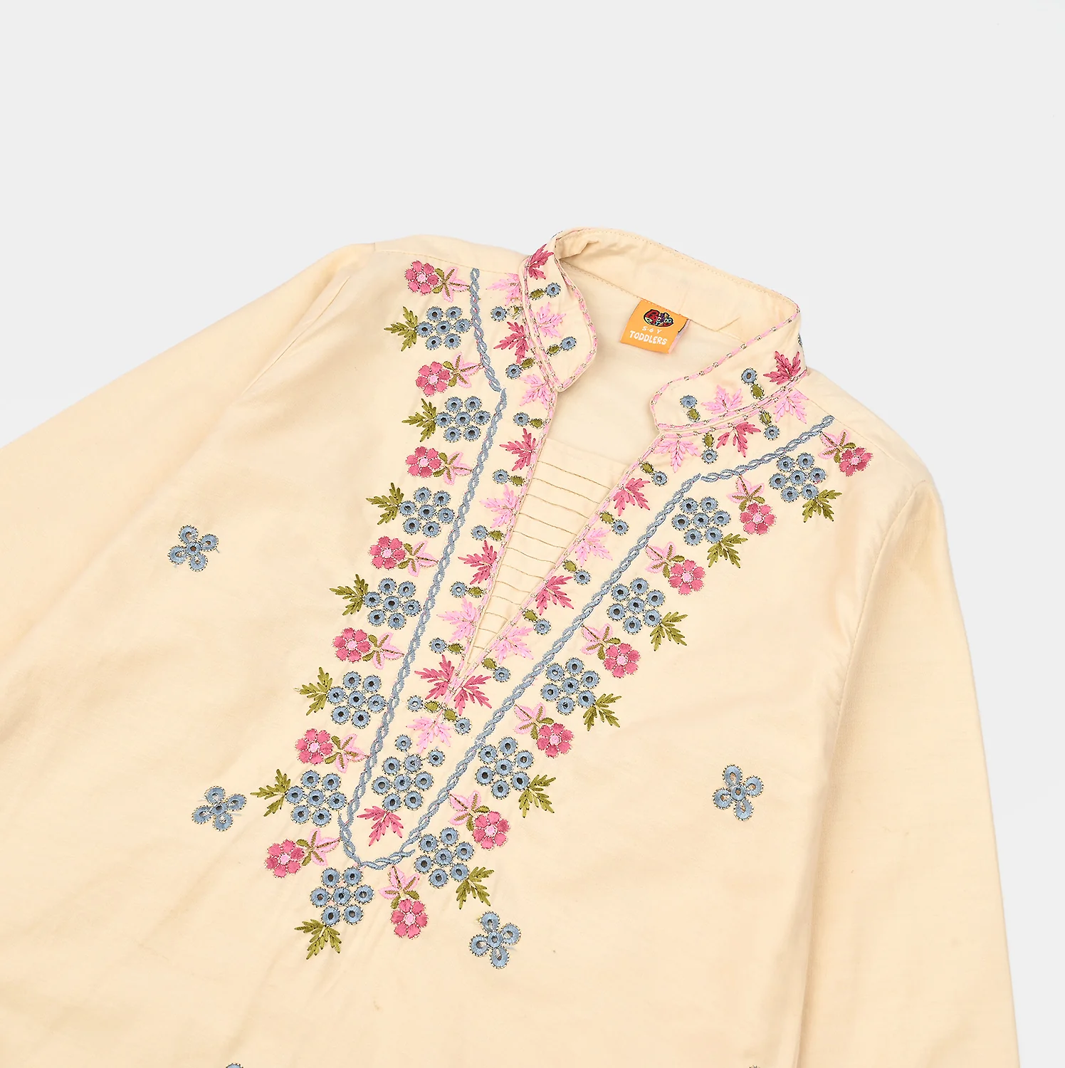 Girls Cotton Poplin Emb Kurti Chicken Kari-Cream - Image 4