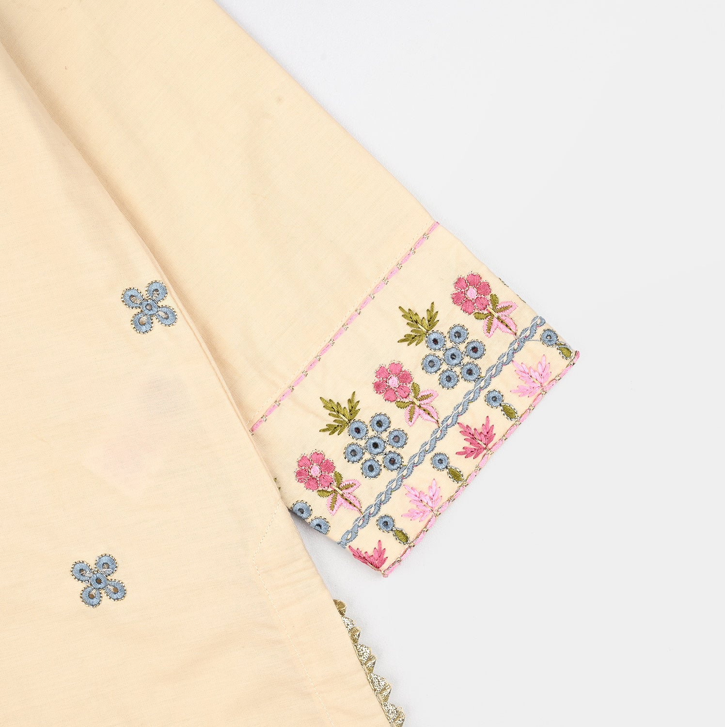 Girls Cotton Poplin Emb Kurti Chicken Kari-Cream - Image 5