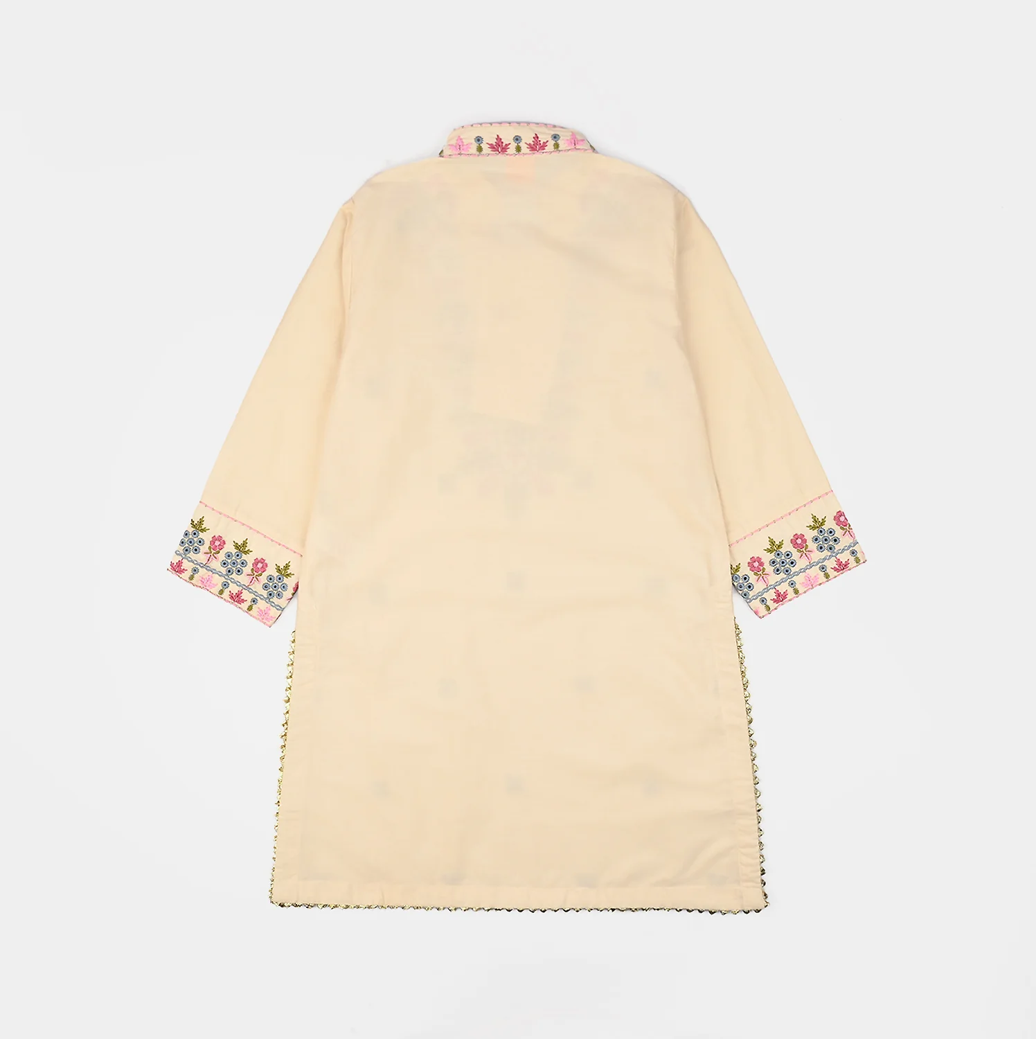 Girls Cotton Poplin Emb Kurti Chicken Kari-Cream - Image 7