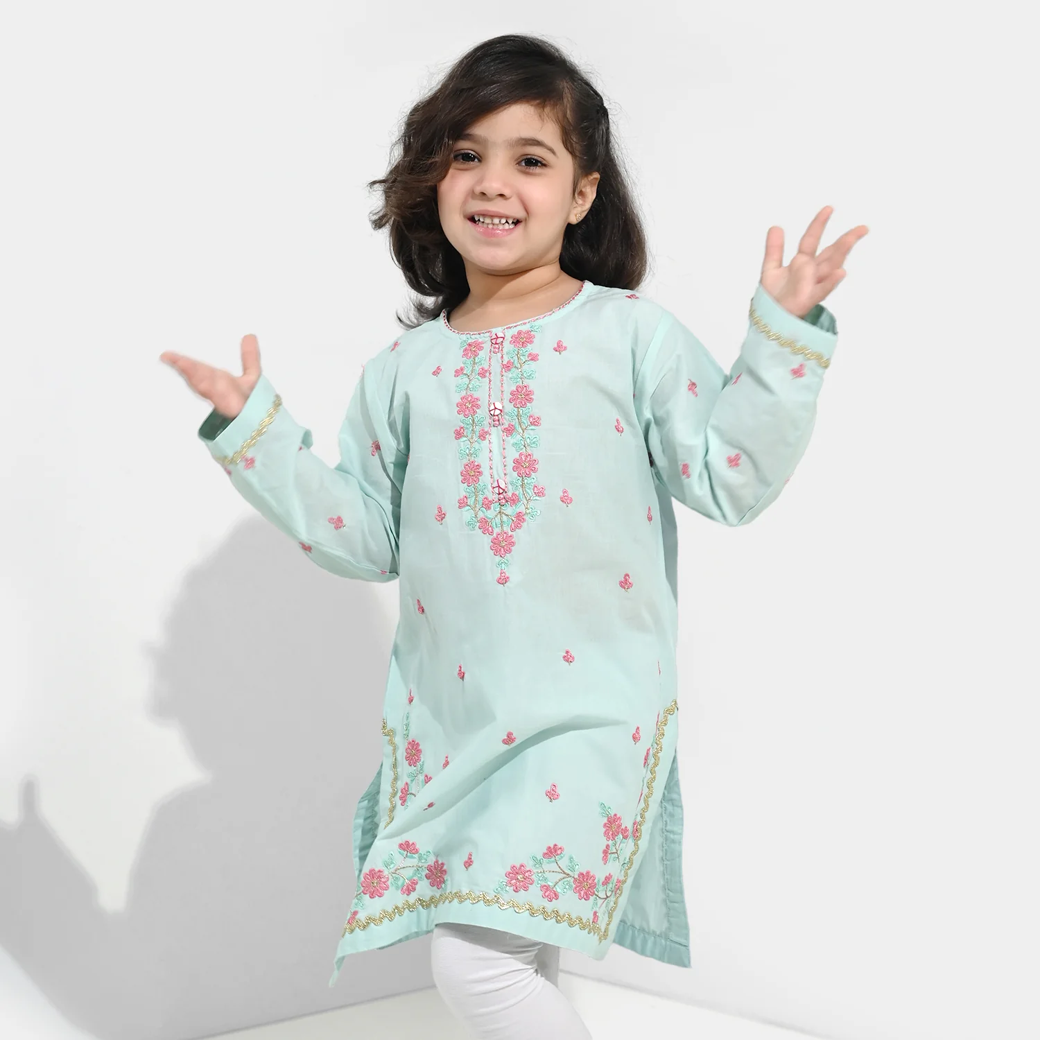 Girls Cotton Poplin Emb Kurti Zohra - Mint Green - Image 3