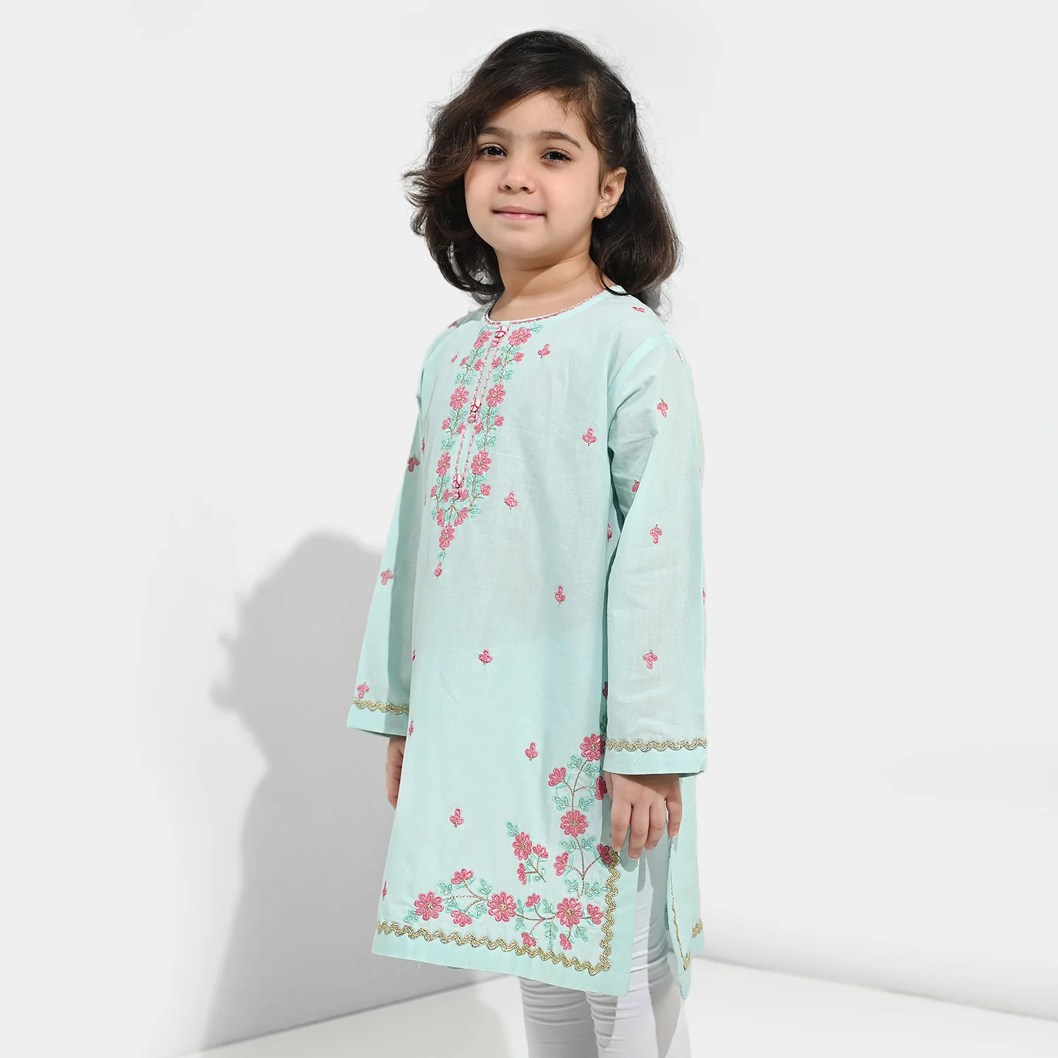 Girls Cotton Poplin Emb Kurti Zohra - Mint Green - Image 5