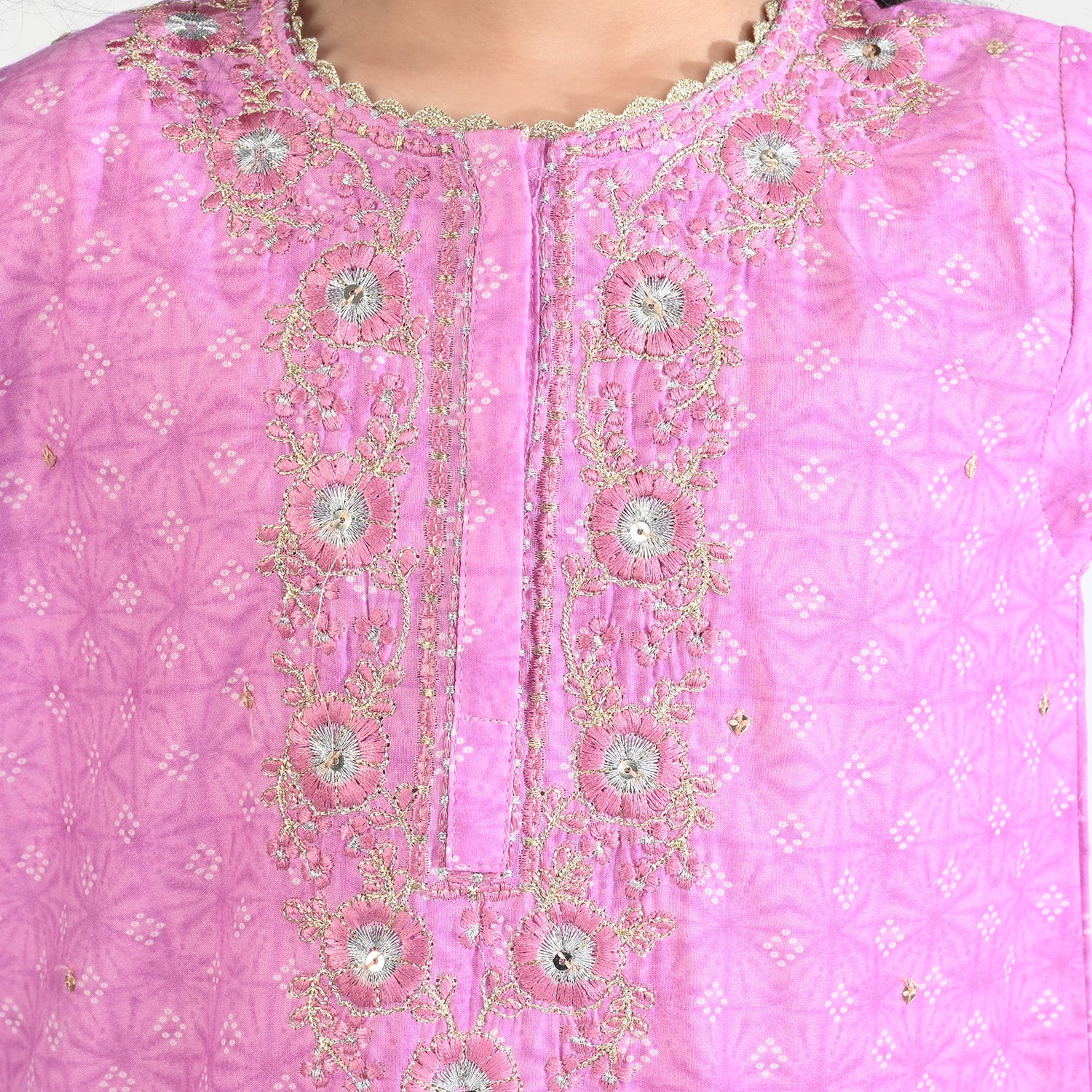 Girls Cotton Poplin Embroidered & Printed 2Pcs Chunri - Purple - Image 2
