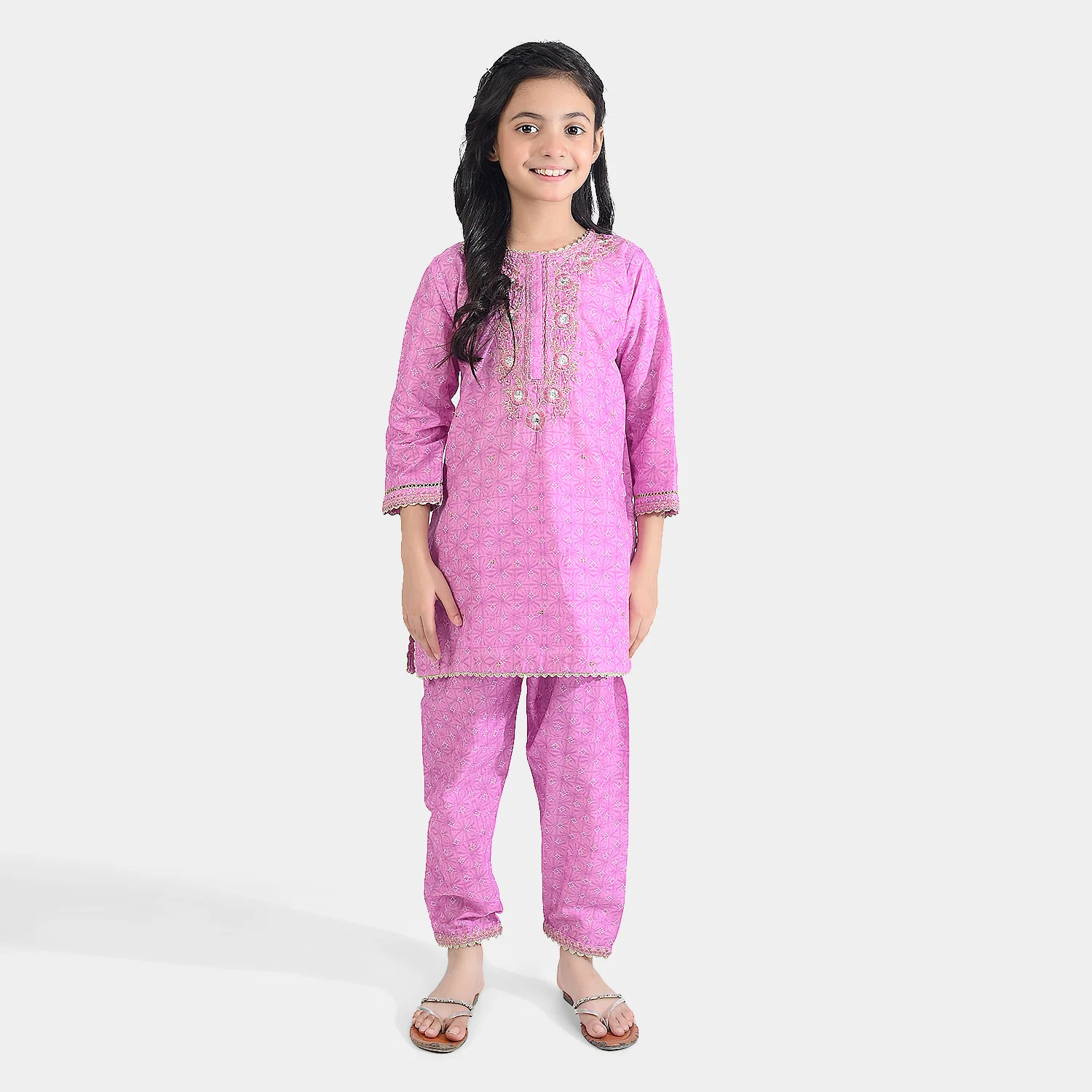 Girls Cotton Poplin Embroidered & Printed 2Pcs Chunri - Purple - Image 3