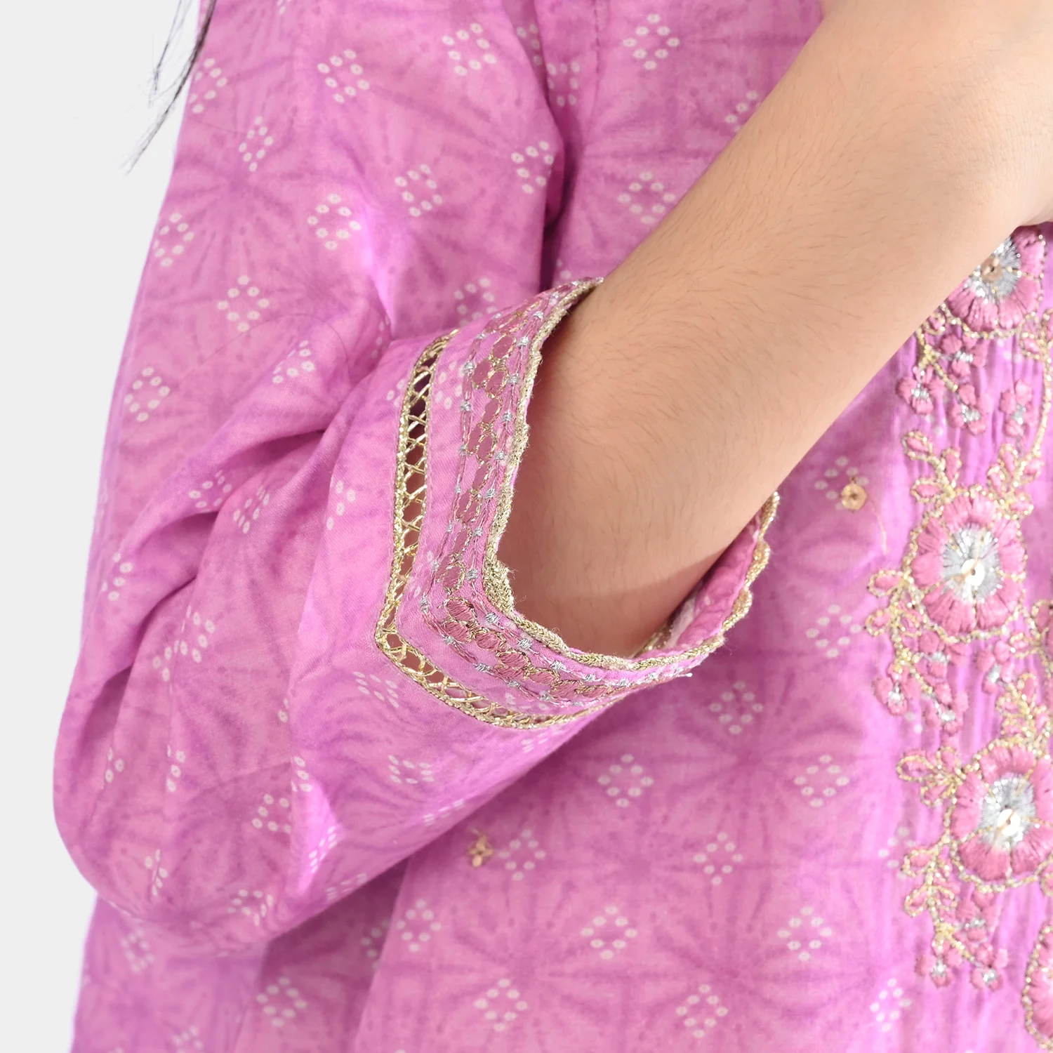 Girls Cotton Poplin Embroidered & Printed 2Pcs Chunri - Purple - Image 4