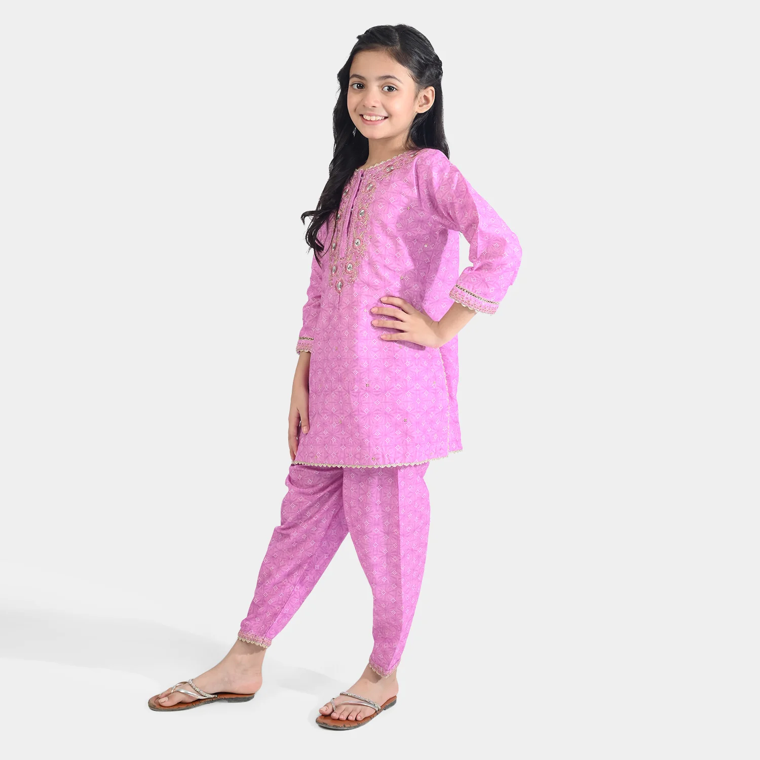 Girls Cotton Poplin Embroidered & Printed 2Pcs Chunri - Purple - Image 5