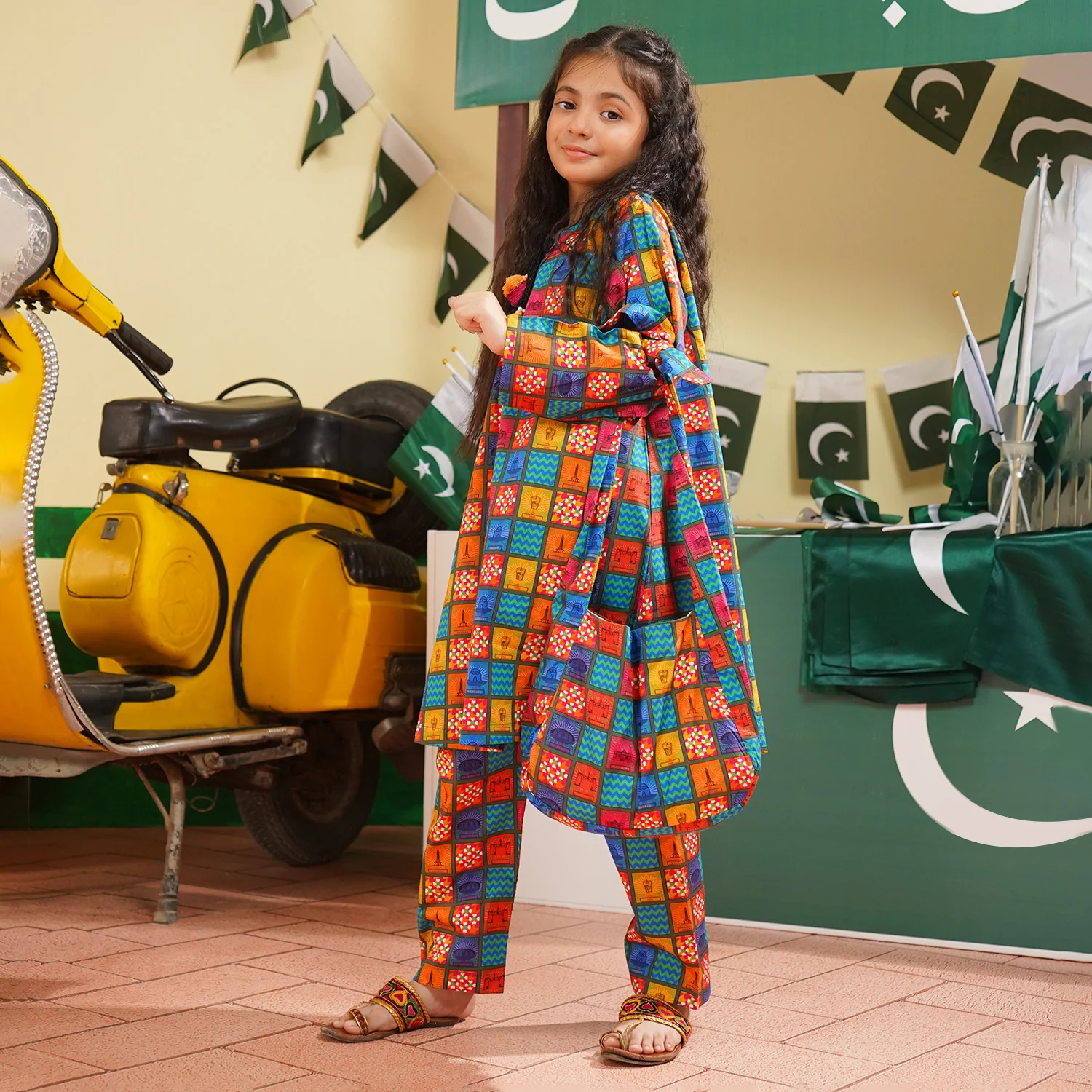 Girls Cotton Poplin IND 2Pcs Suit Funky Tickets-Multi - Image 2