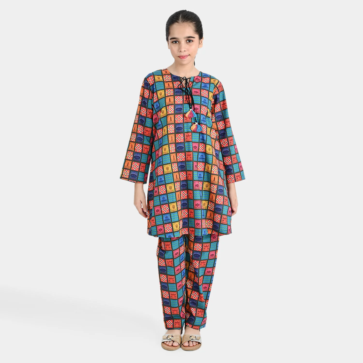 Girls Cotton Poplin IND 2Pcs Suit Funky Tickets-Multi - Image 4