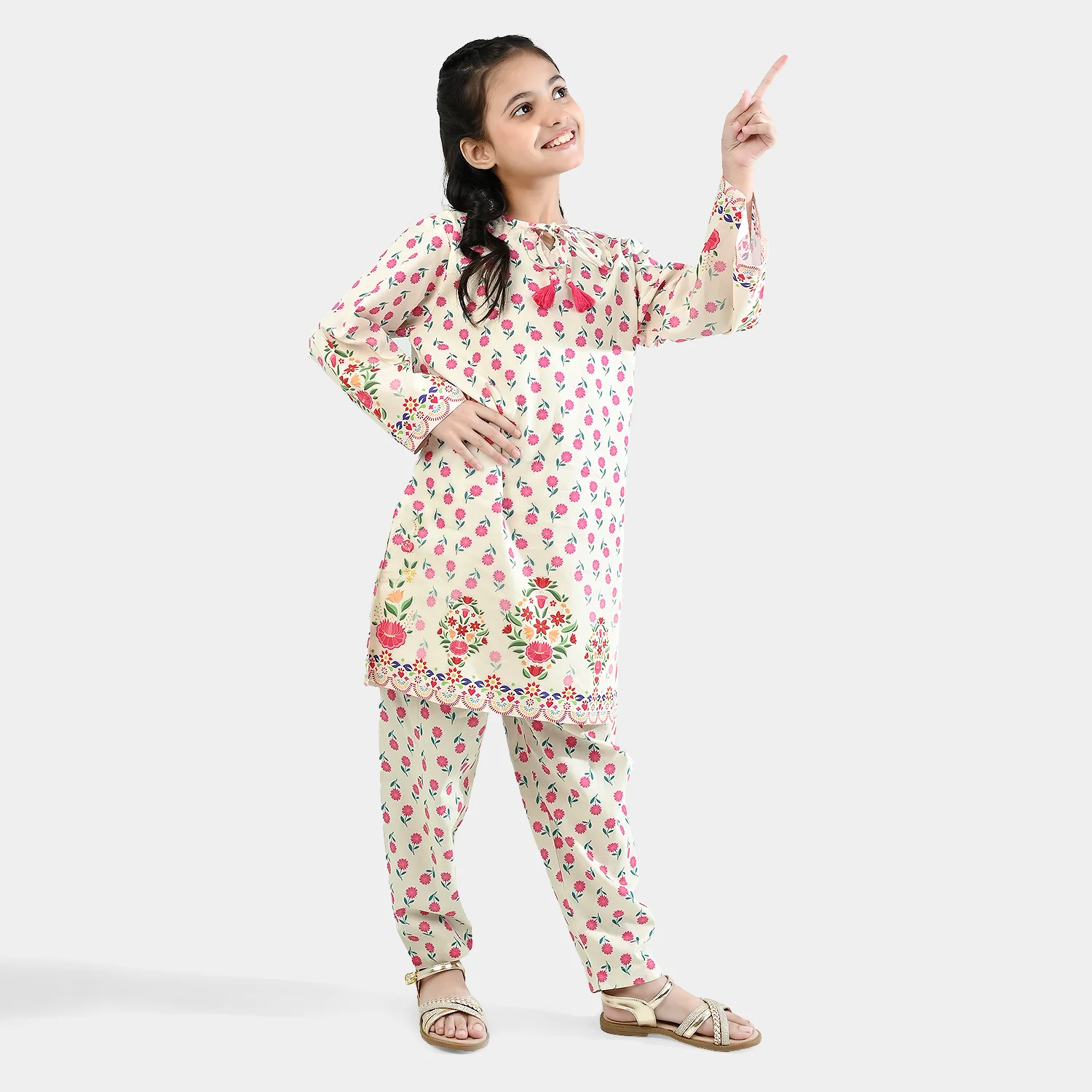 Girls Cotton Poplin Printed 2 Pcs - Off White - Image 3