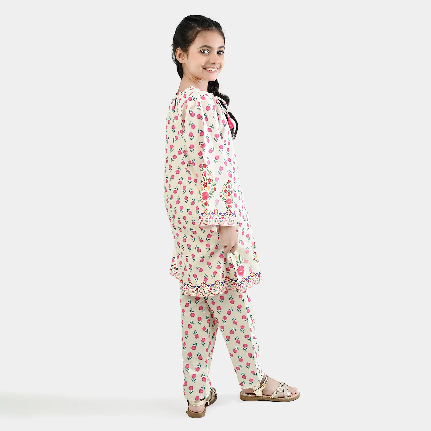 Girls Cotton Poplin Printed 2 Pcs - Off White - Image 5