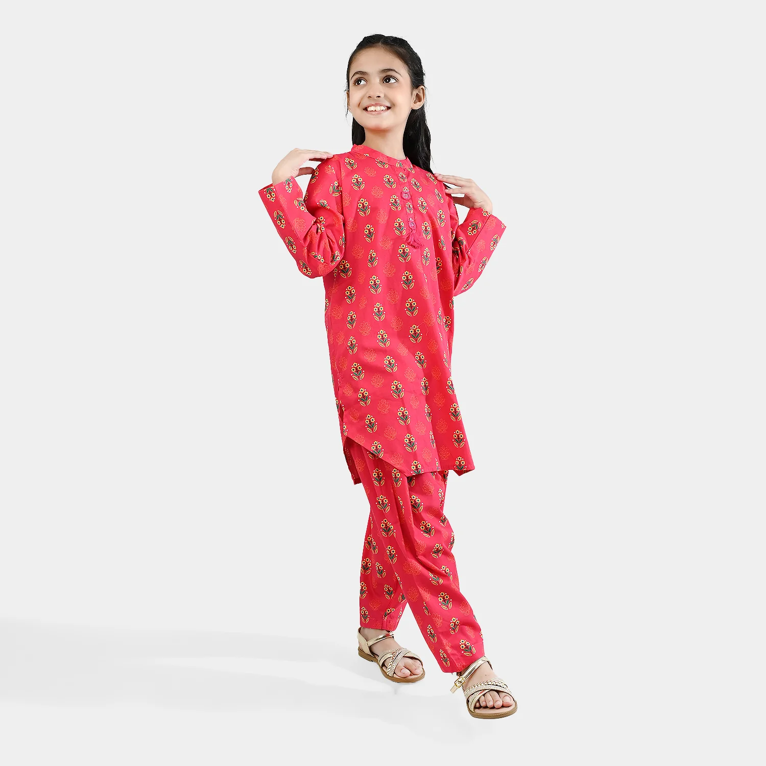 Girls Cotton Poplin Printed 2 Pcs - Red - Image 3