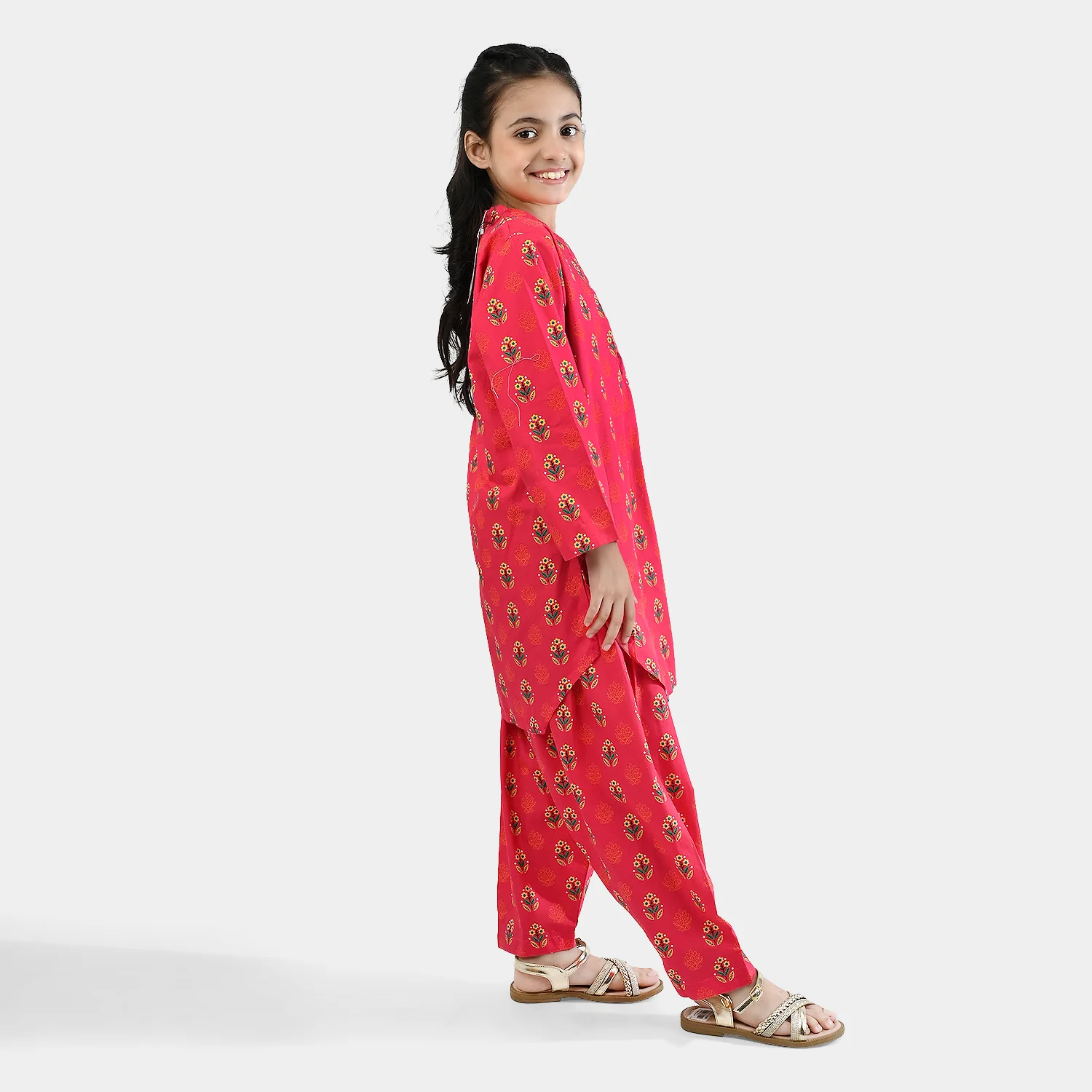 Girls Cotton Poplin Printed 2 Pcs - Red - Image 4