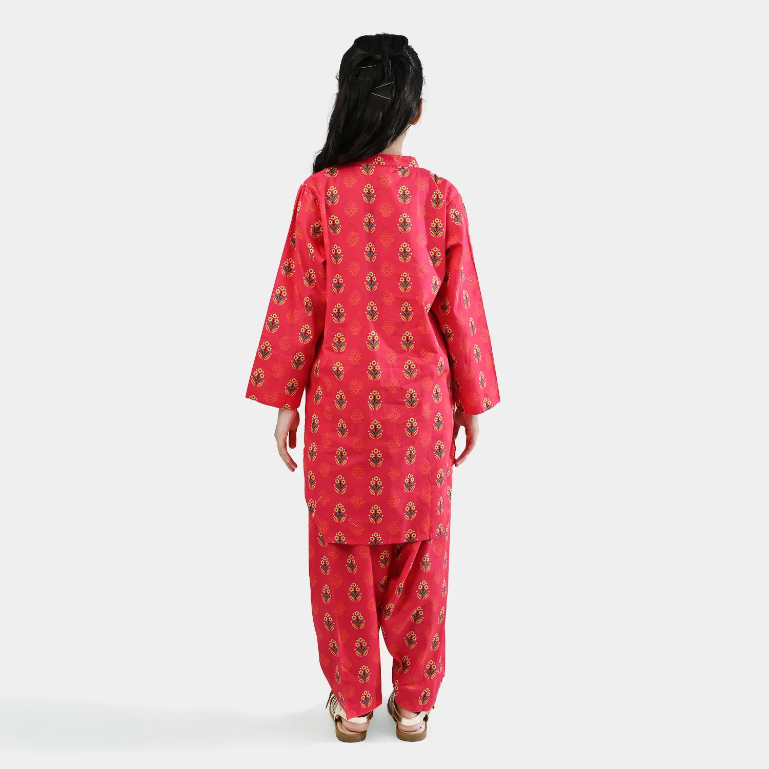 Girls Cotton Poplin Printed 2 Pcs - Red - Image 5