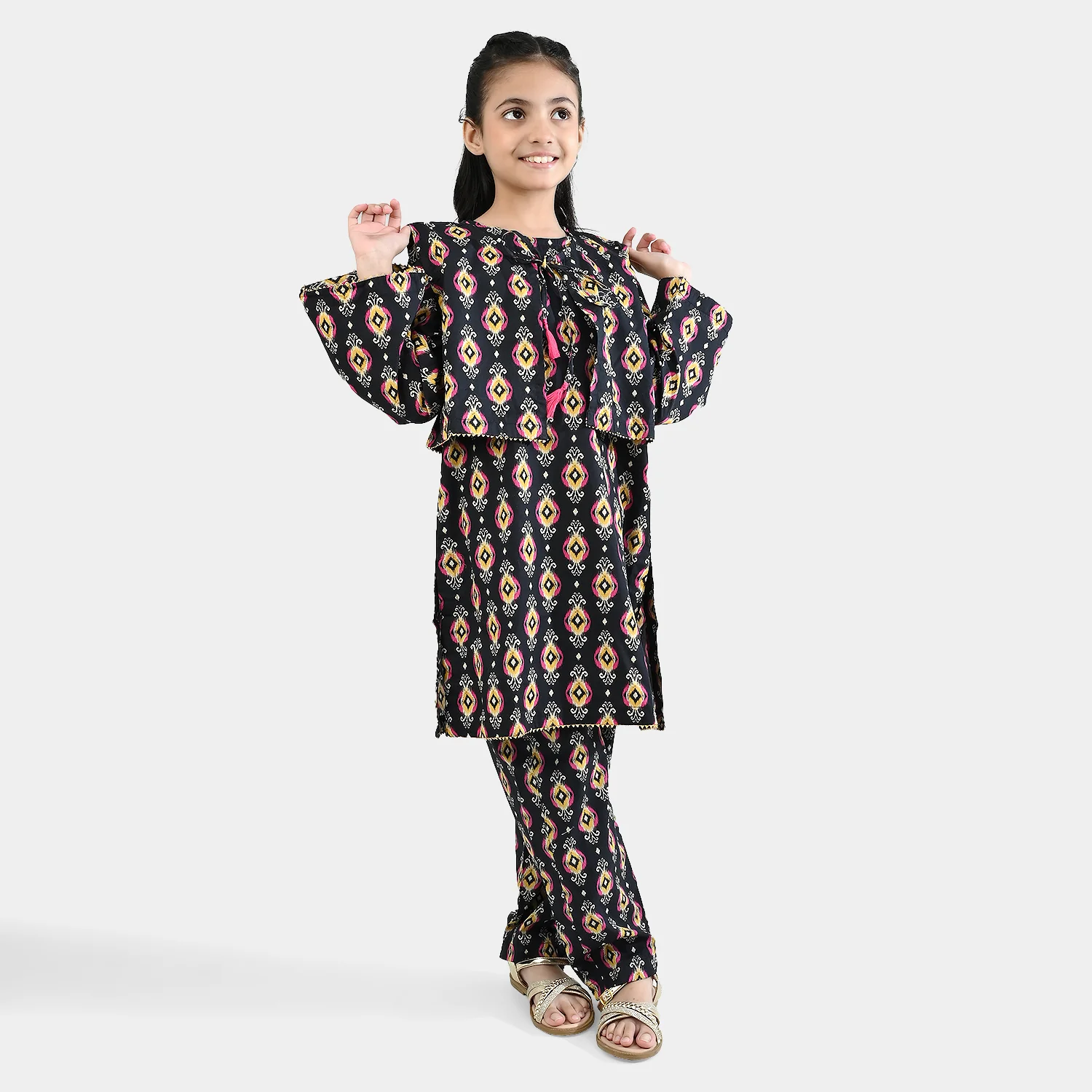Girls Cotton Poplin Printed 3 Pcs - Black - Image 3