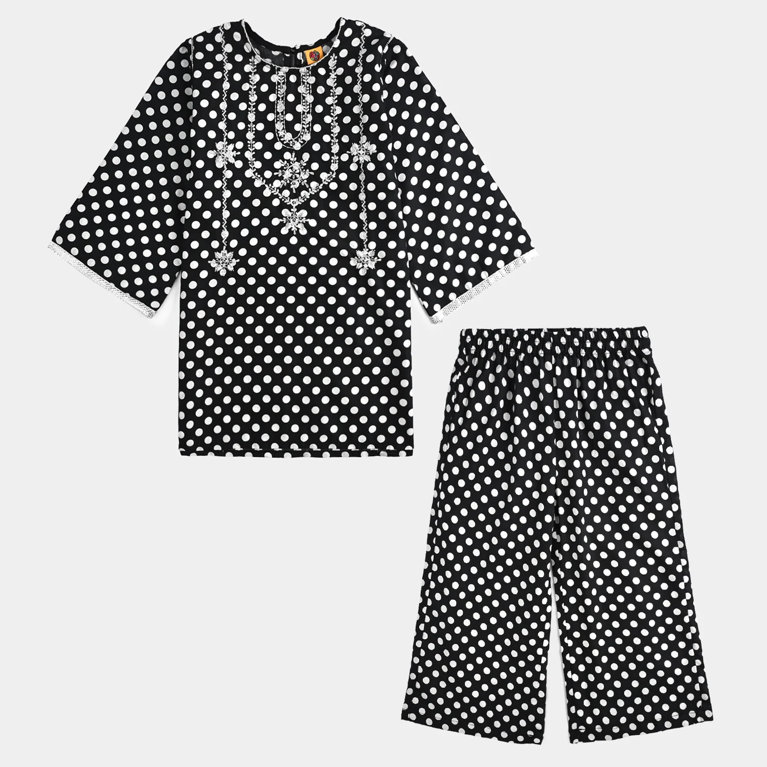 Girls Cotton Poplin Printed & Embroidered 2 Pcs Polka Dot - Black