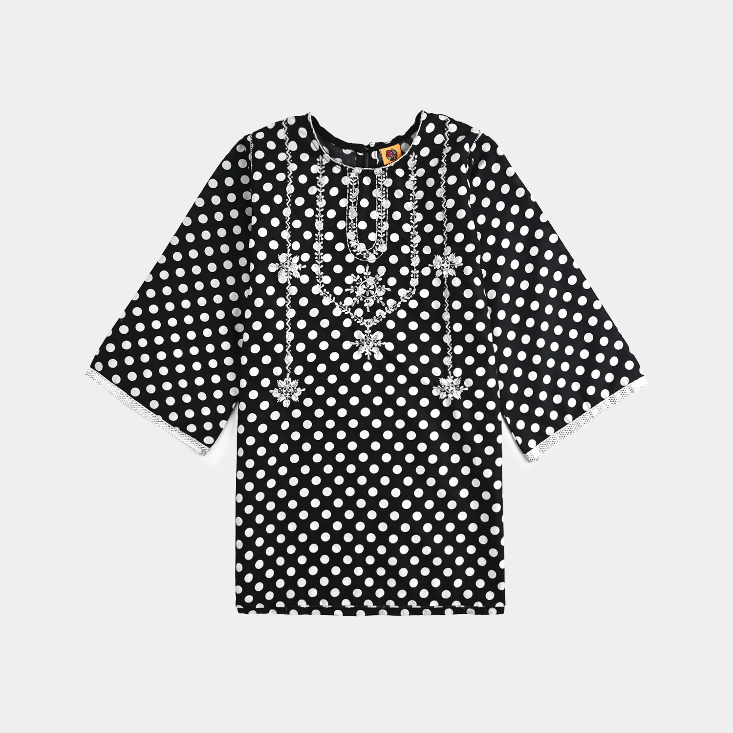 Girls Cotton Poplin Printed & Embroidered 2 Pcs Polka Dot - Black - Image 2