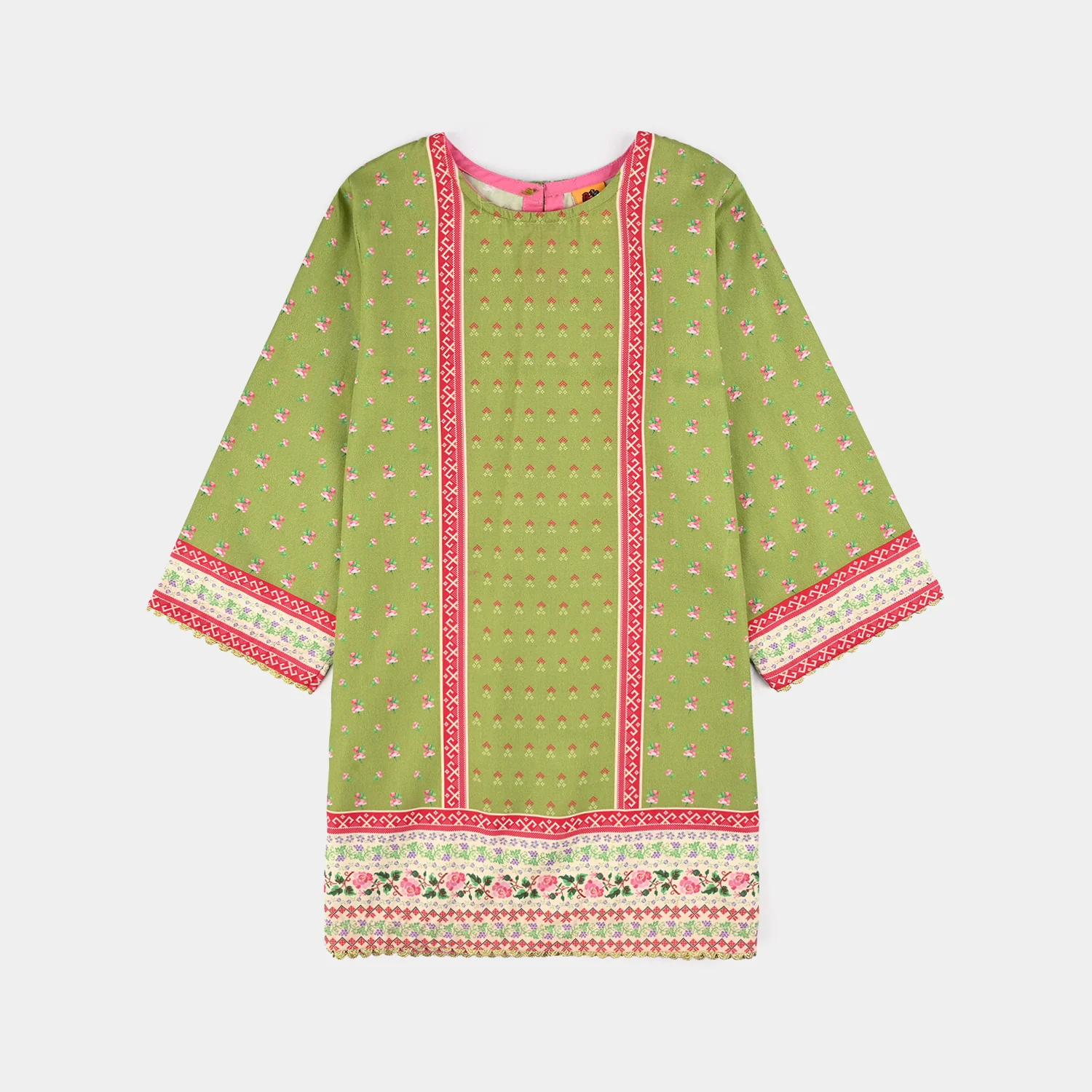 Girls Cotton Poplin Printed Kurti Desi - Green