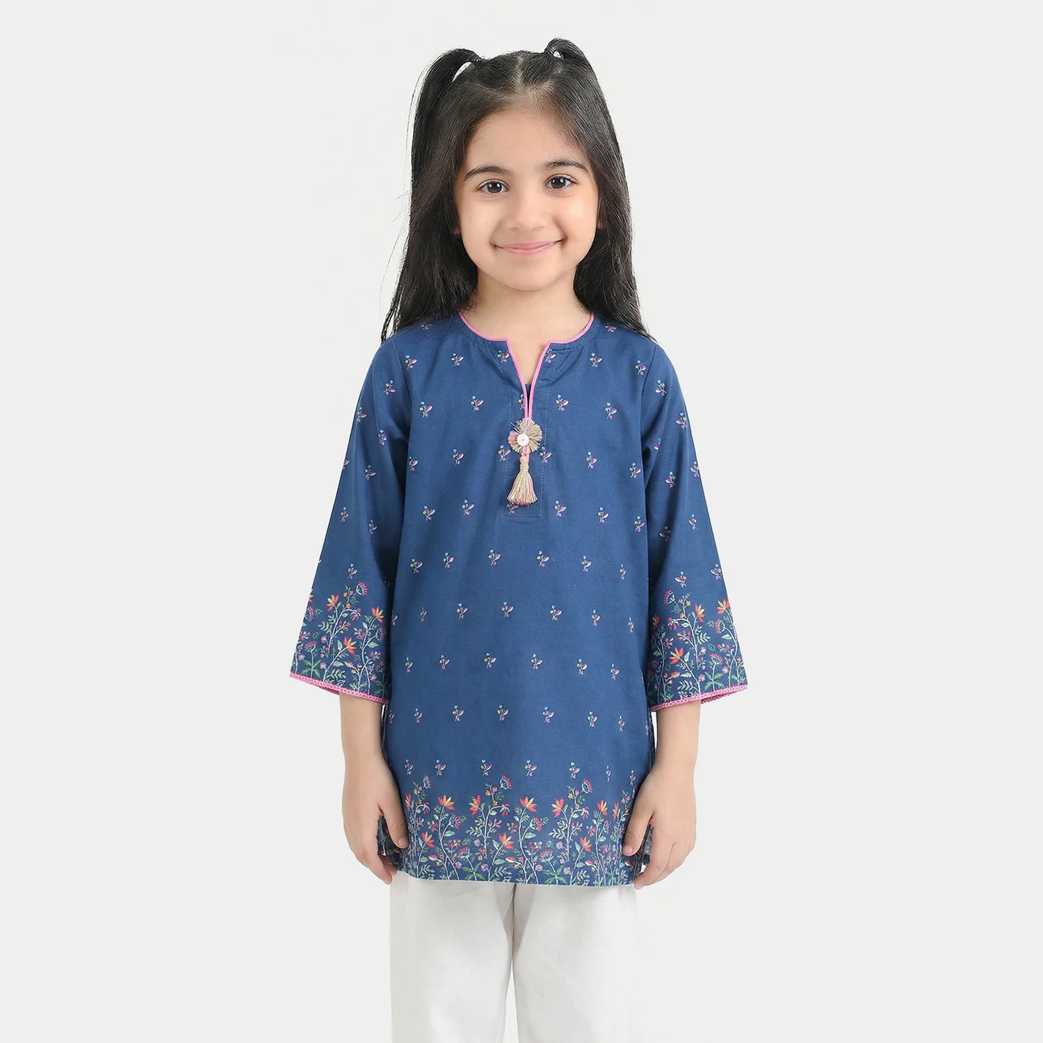 Girls Cotton Poplin Printed Floral Kurti - Blue