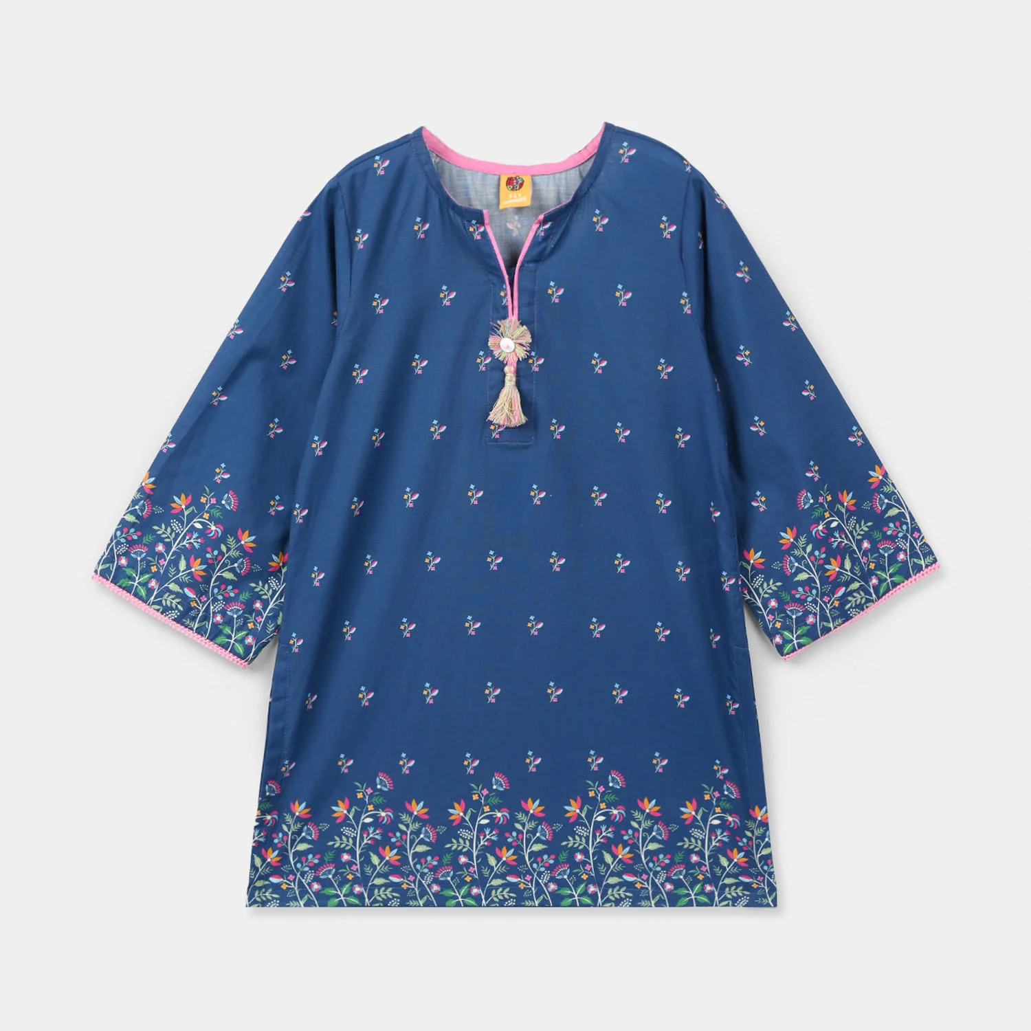 Girls Cotton Poplin Printed Floral Kurti - Blue - Image 4