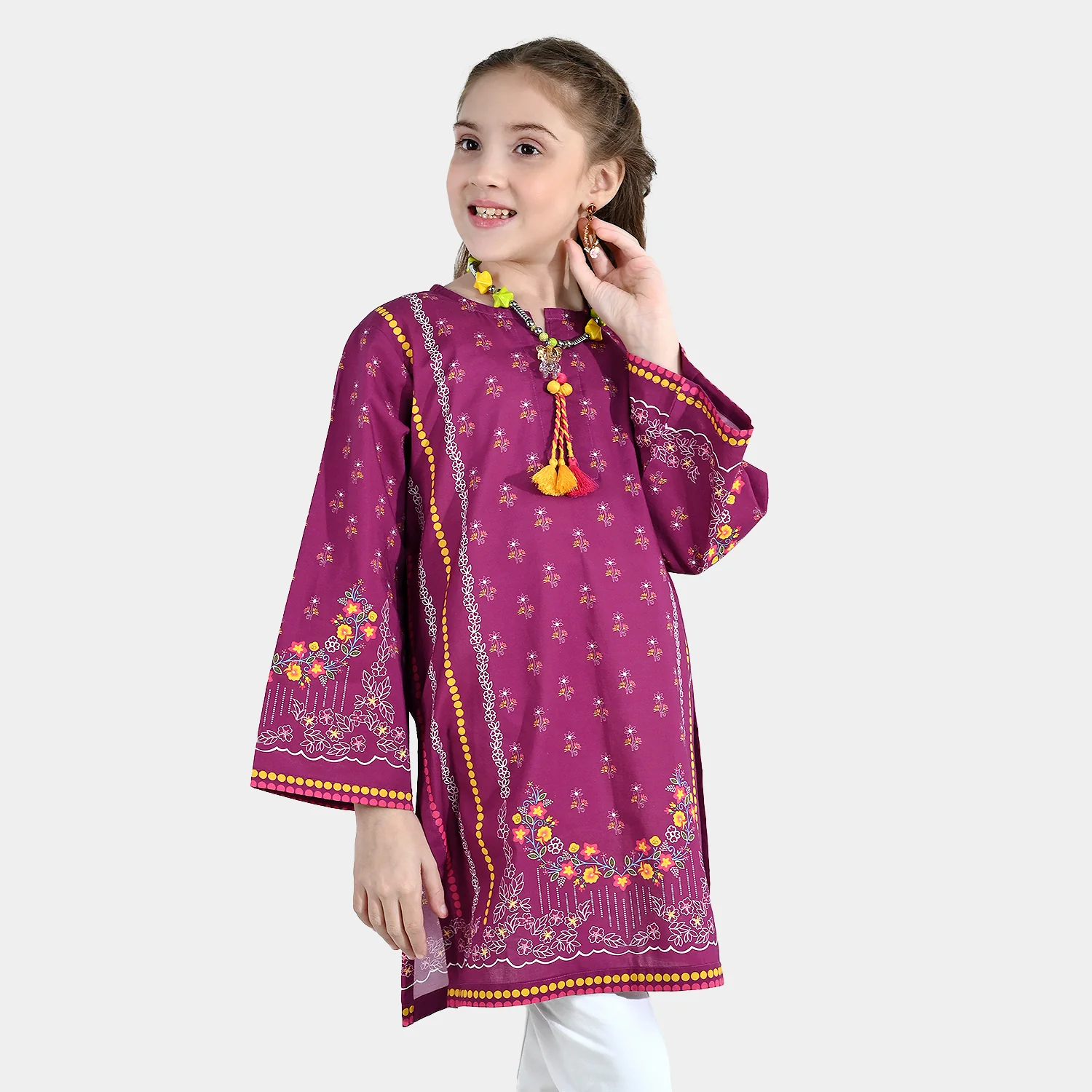 Girls Cotton Poplin Printed Kurti - Purple/Plum - Image 2