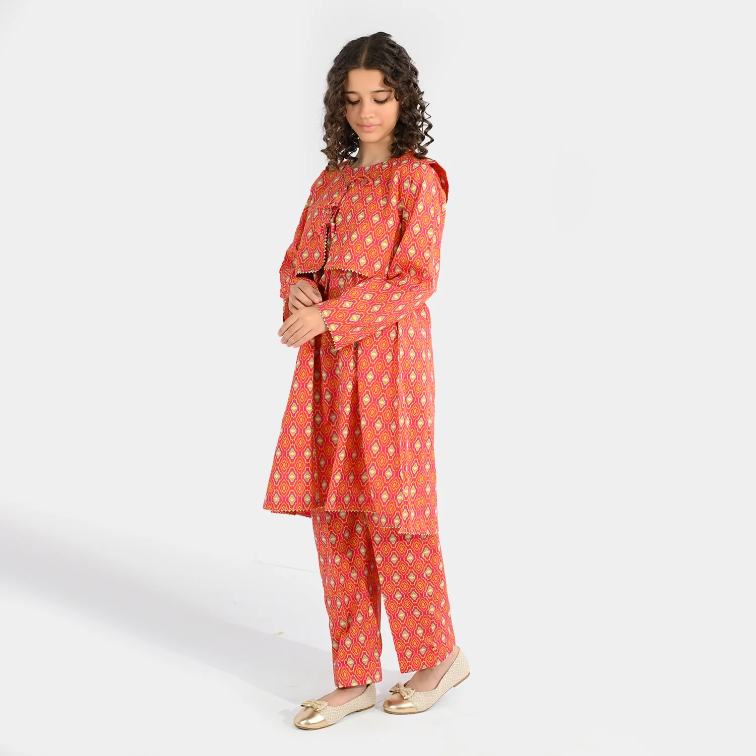 Girls Cotton Printed 3Pcs Pink Koti – Multi - Image 6