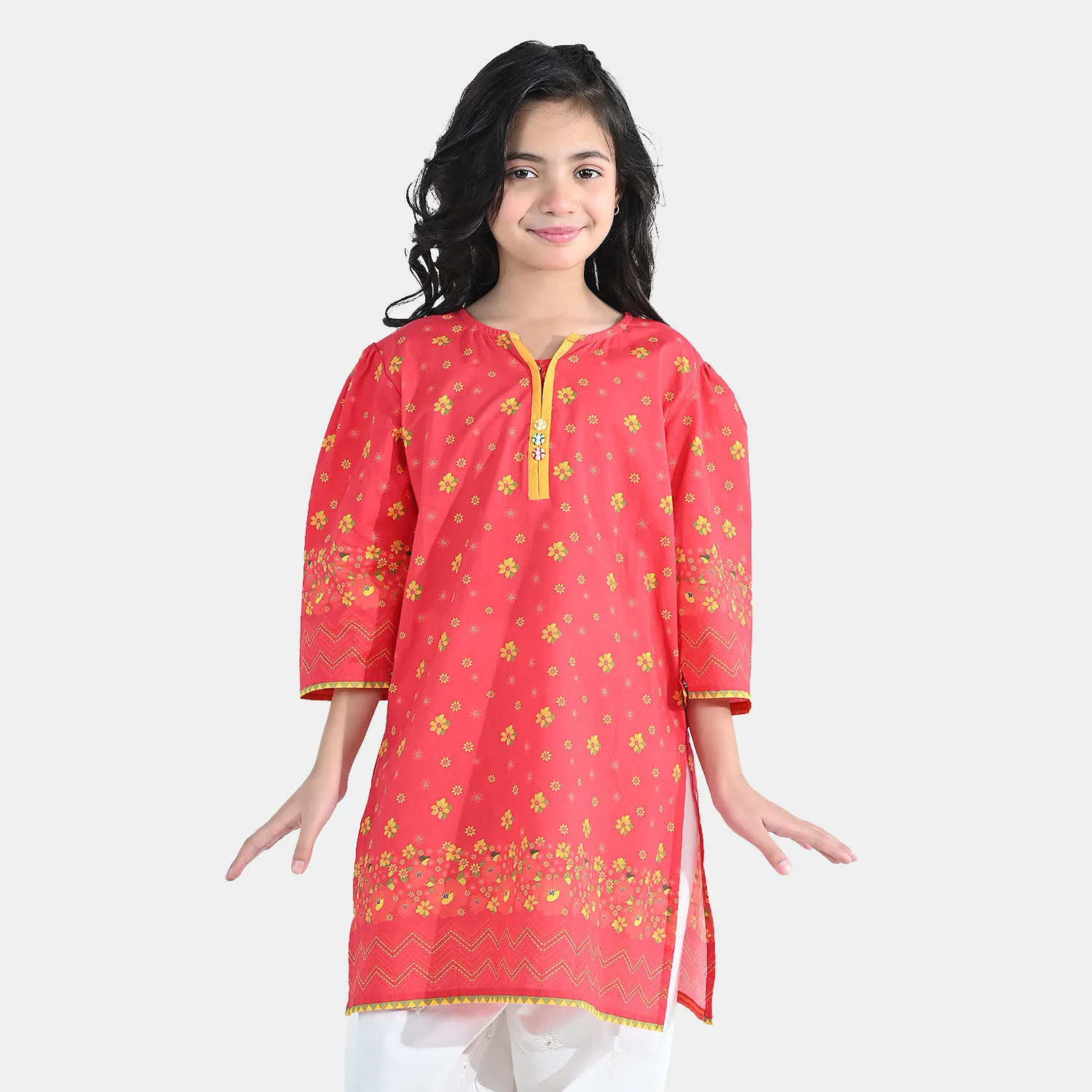 Girls Cotton Printed Kurti Dhanak - Red - Image 2