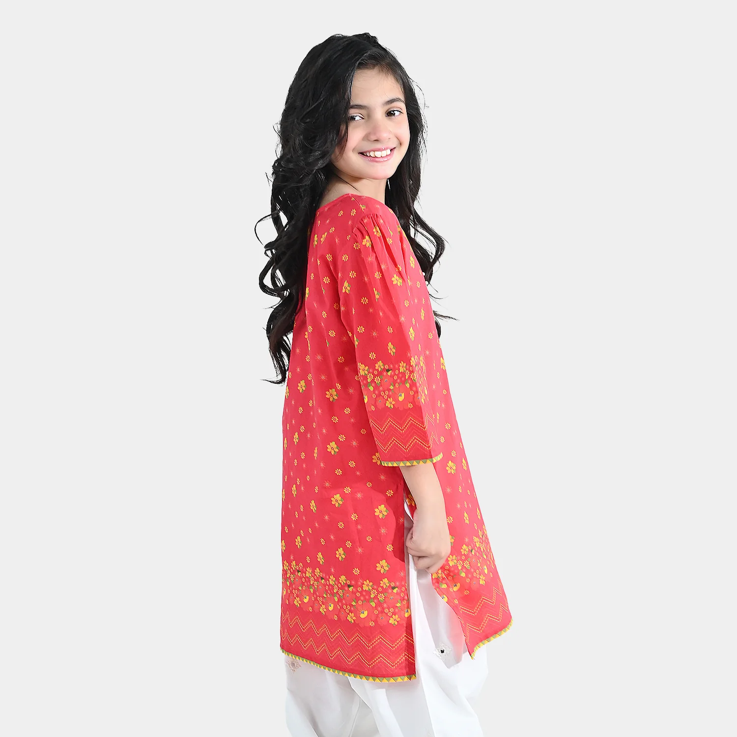 Girls Cotton Printed Kurti Dhanak - Red - Image 3