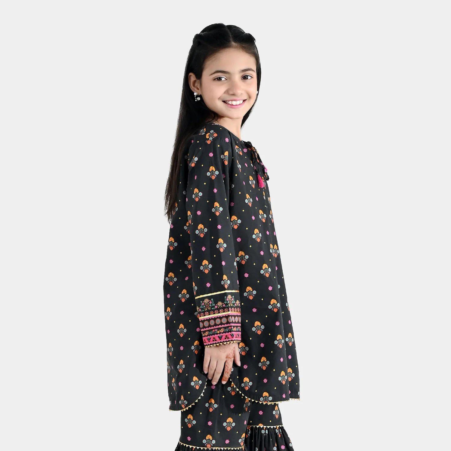 Girls Cotton Printed Kurti (Swan) - Black - Image 3