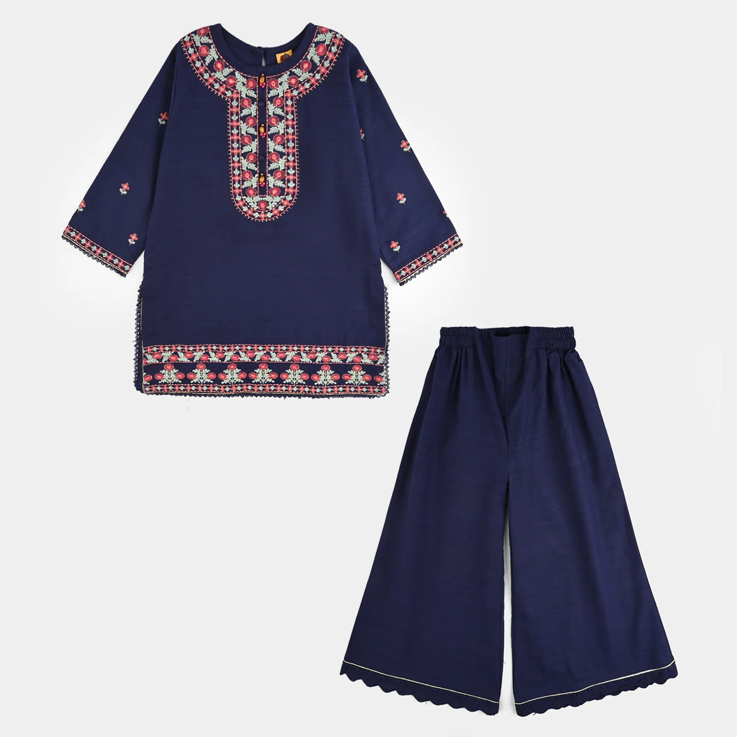 Girls Cotton Slub Embroidered 2Pcs - Navy Blue