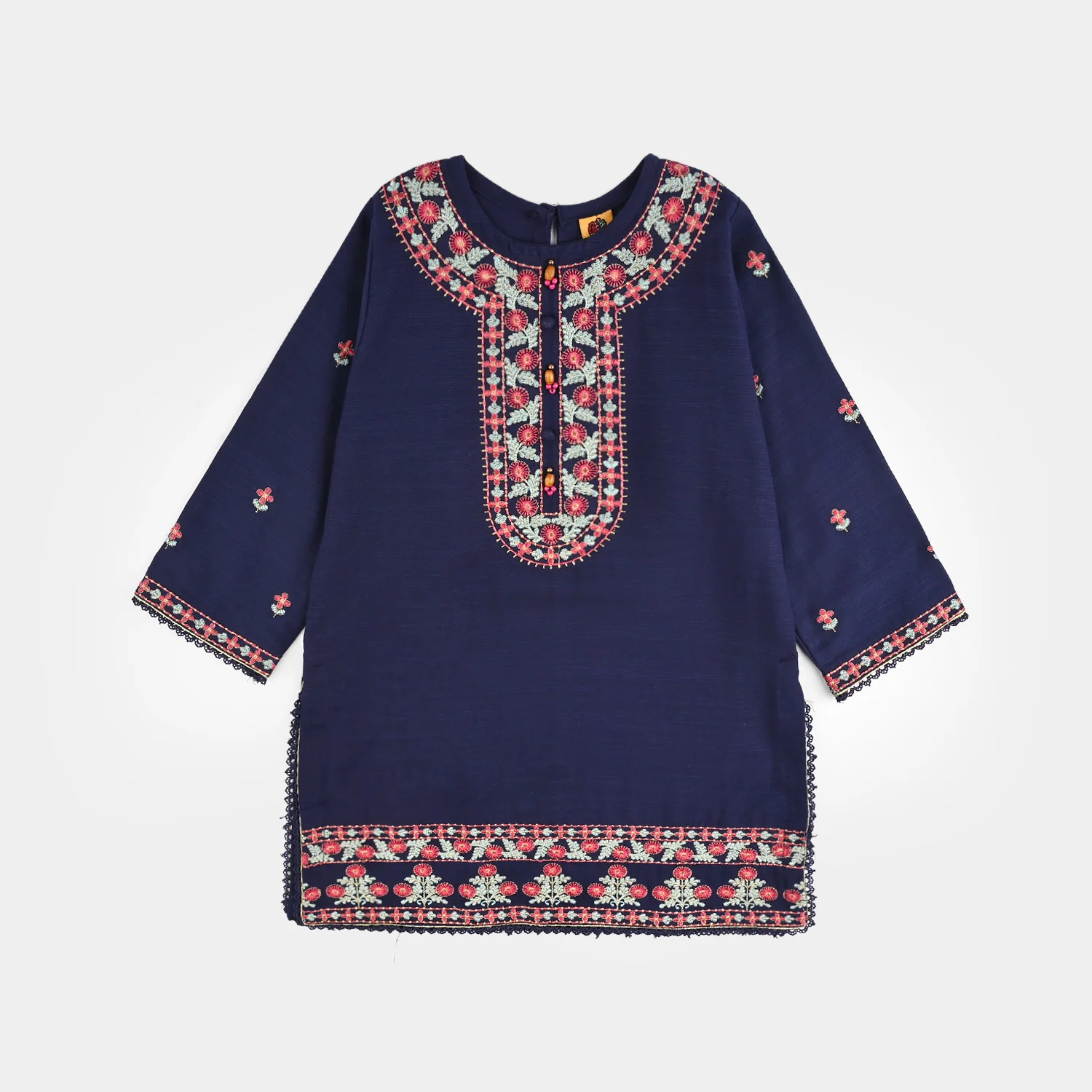 Girls Cotton Slub Embroidered 2Pcs - Navy Blue - Image 2