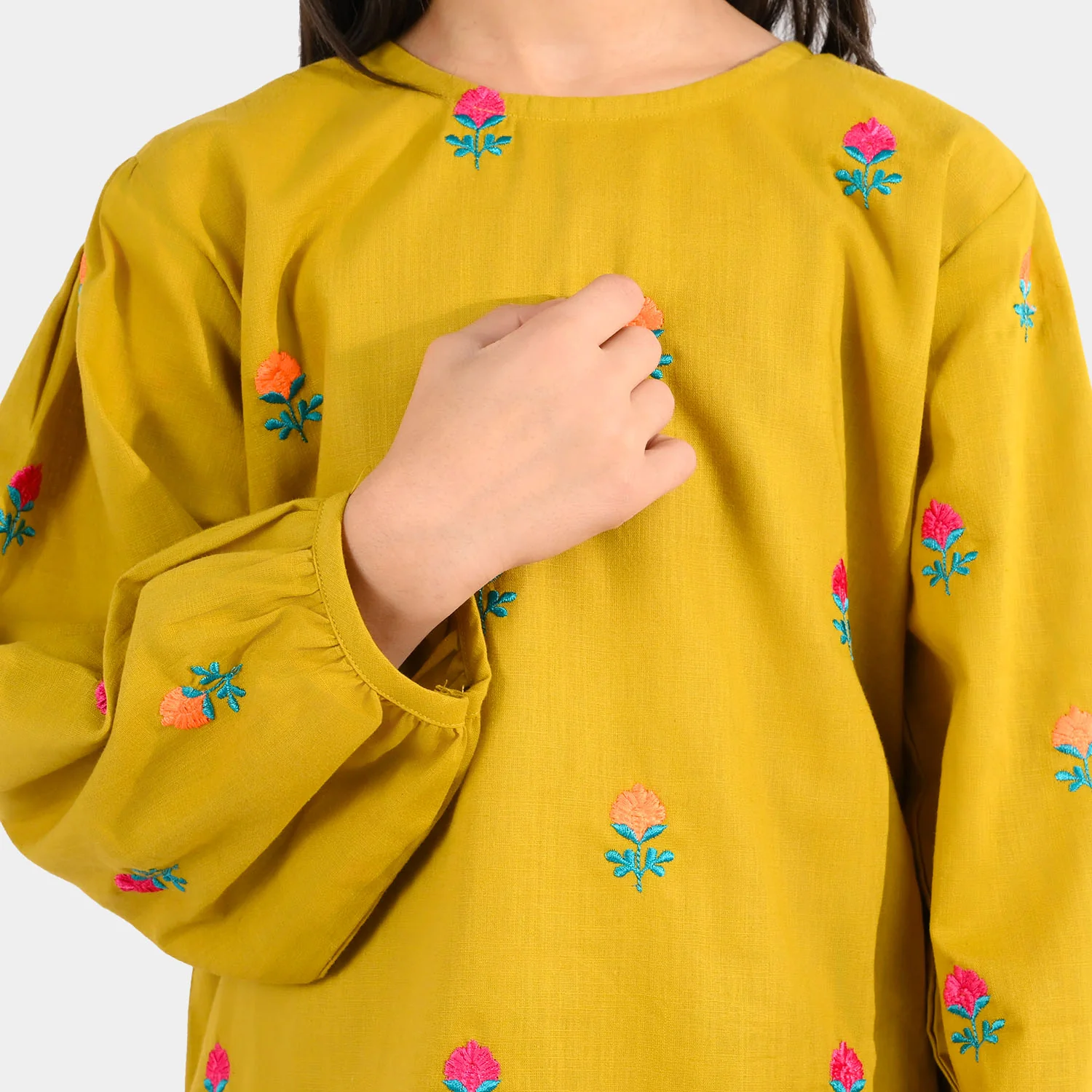 Girls Cotton Slub Embroidered 2-Piece Set (Sama) - Dhani Green - Image 2