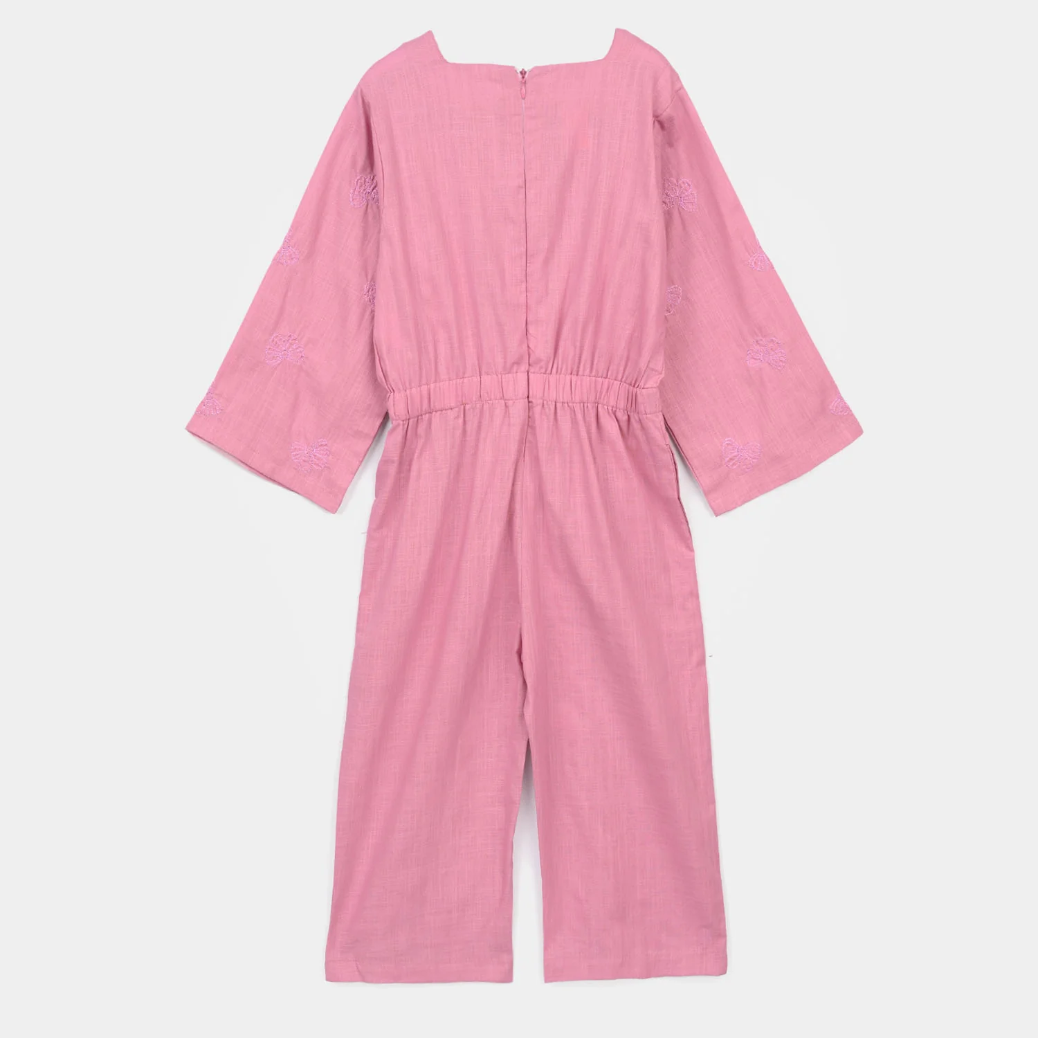 Girls Cotton Slub Embroidered  Jumpsuit (Butterfly) - Pink - Image 3