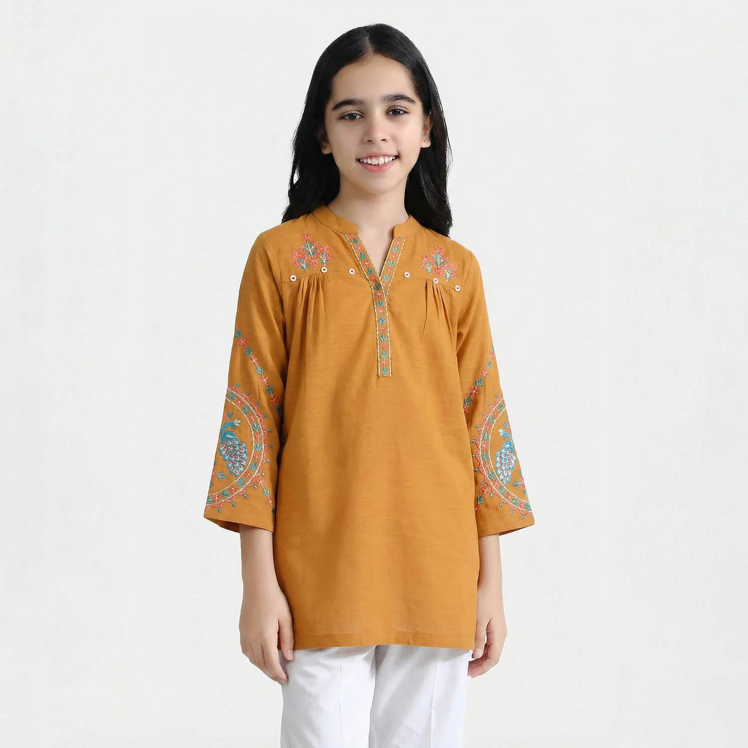 Girls Cotton Slub Embroidered Kurti - Mustard