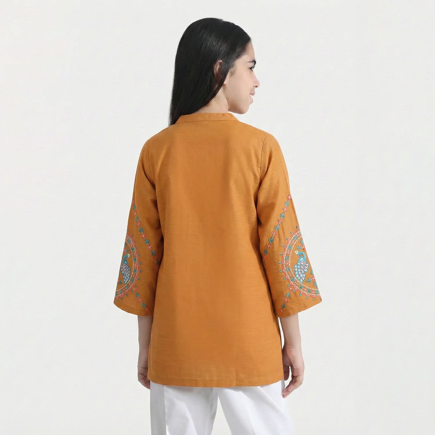 Girls Cotton Slub Embroidered Kurti - Mustard - Image 3