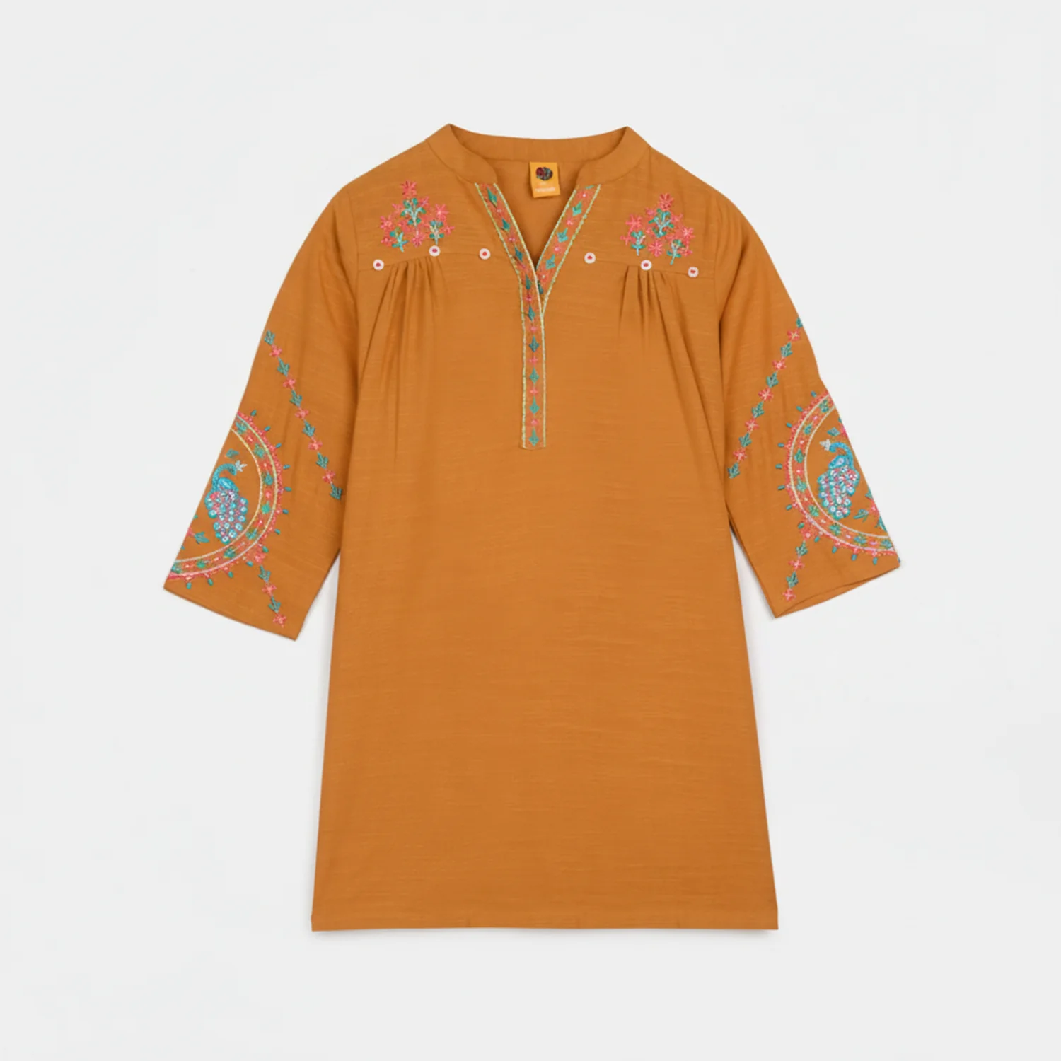 Girls Cotton Slub Embroidered Kurti - Mustard - Image 4