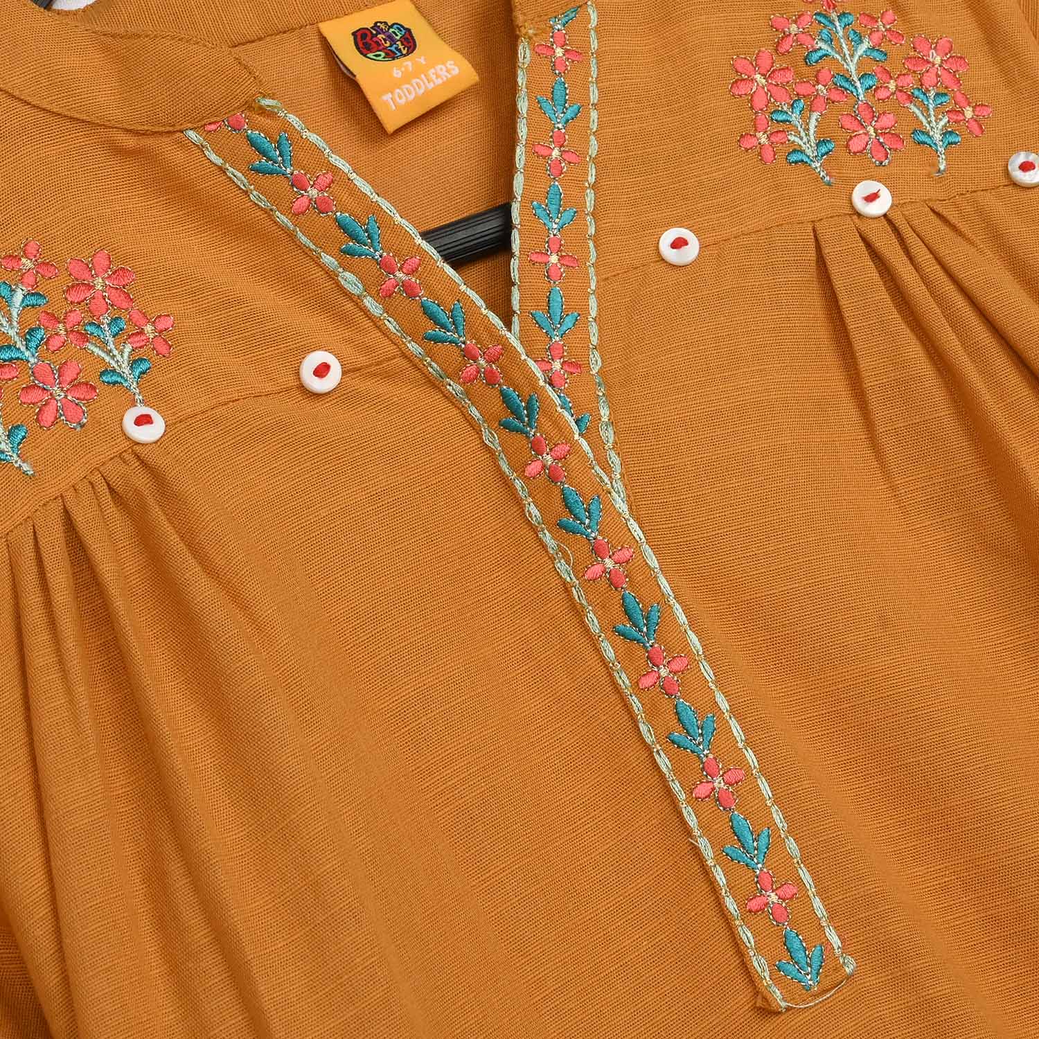 Girls Cotton Slub Embroidered Kurti - Mustard - Image 5