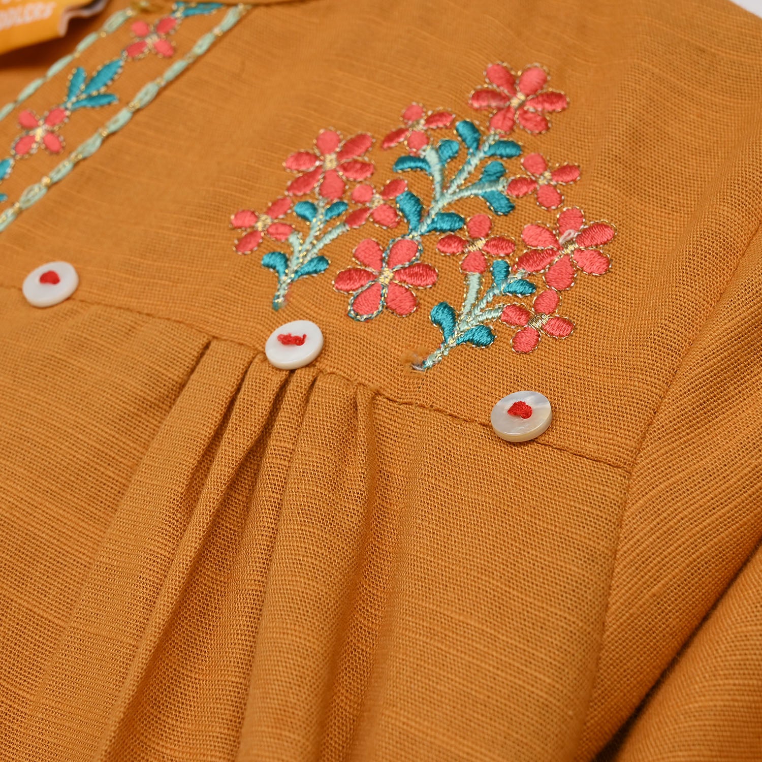 Girls Cotton Slub Embroidered Kurti - Mustard - Image 6