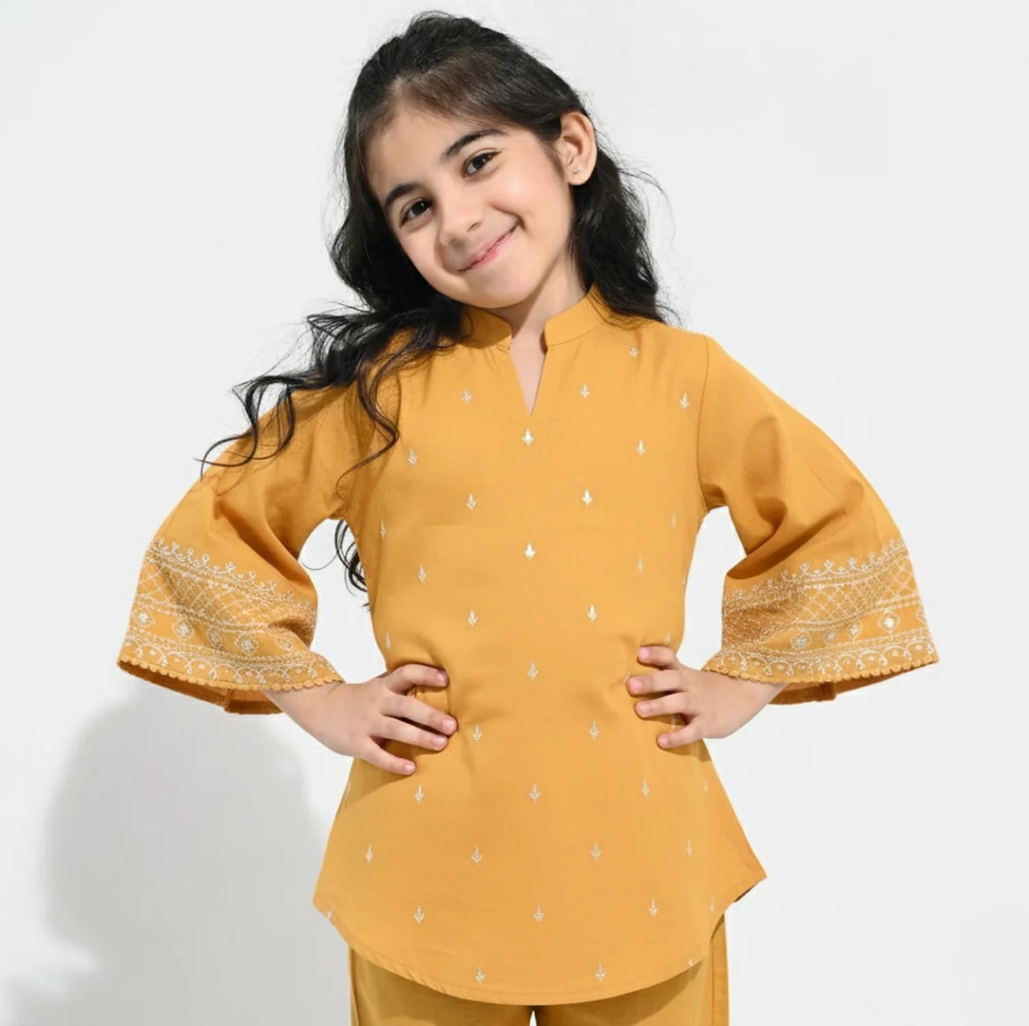 Girls Cotton Slub Emb Top Flowy-Mustard - Image 2