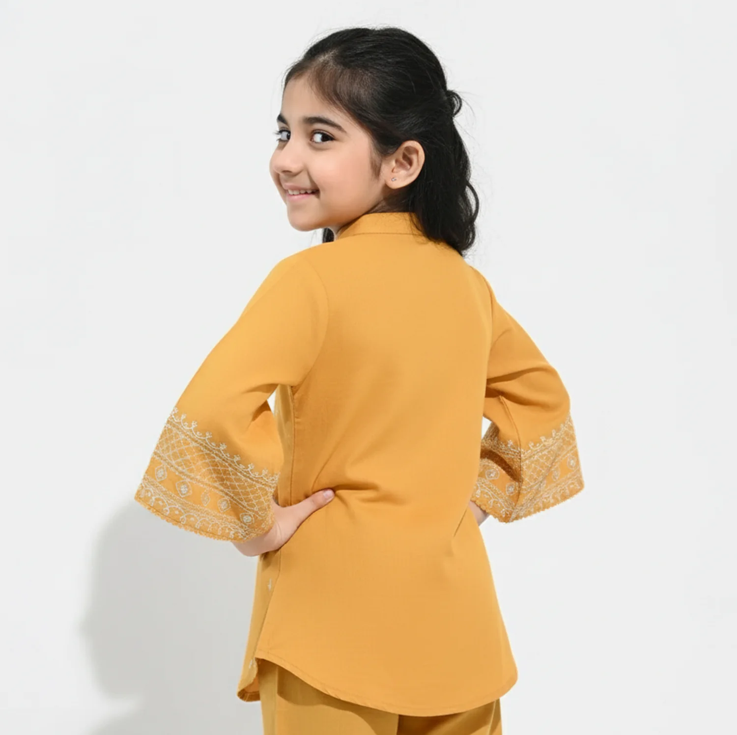 Girls Cotton Slub Emb Top Flowy-Mustard - Image 3
