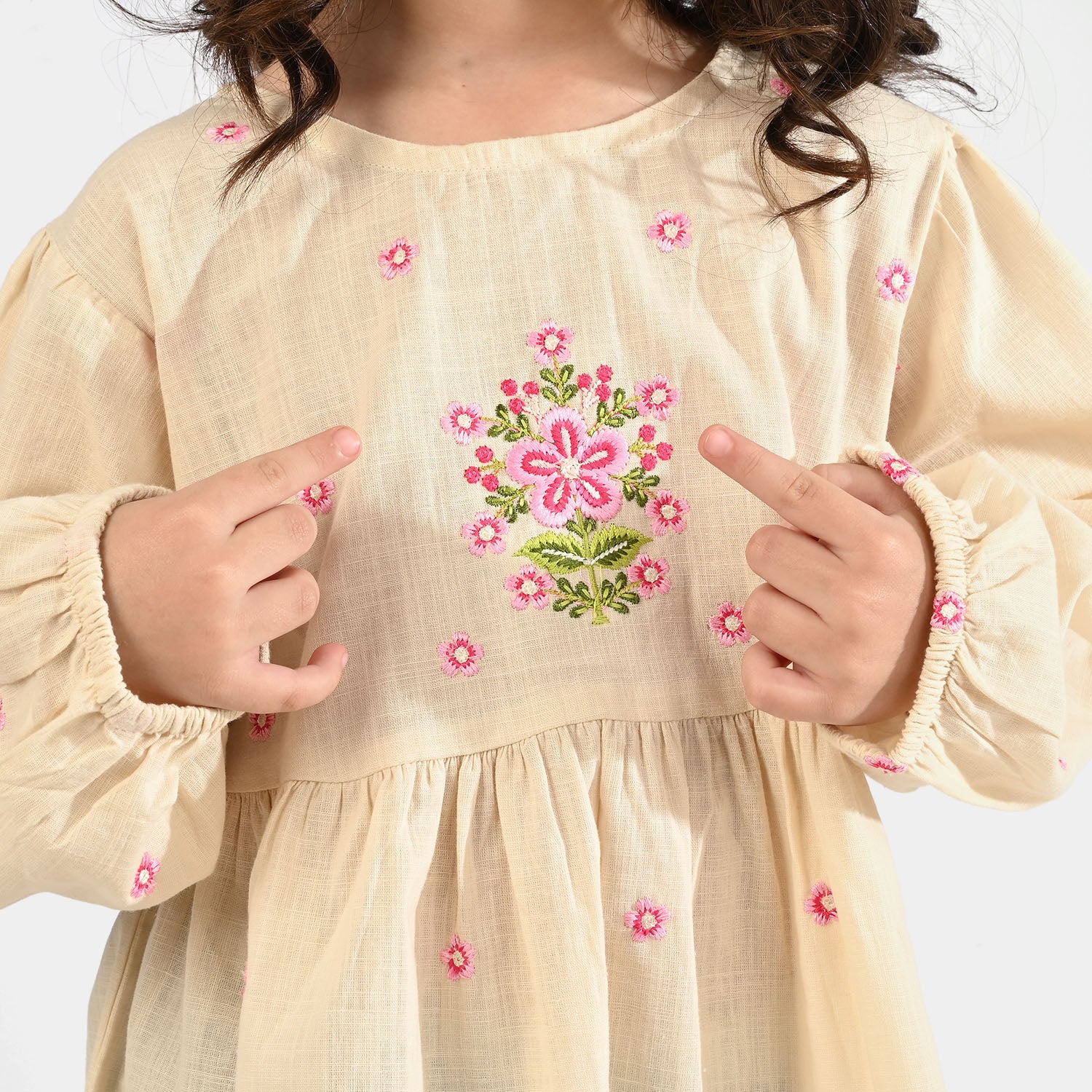Girls Cotton Slub Emb Top Pink Flower - Off White - Image 2