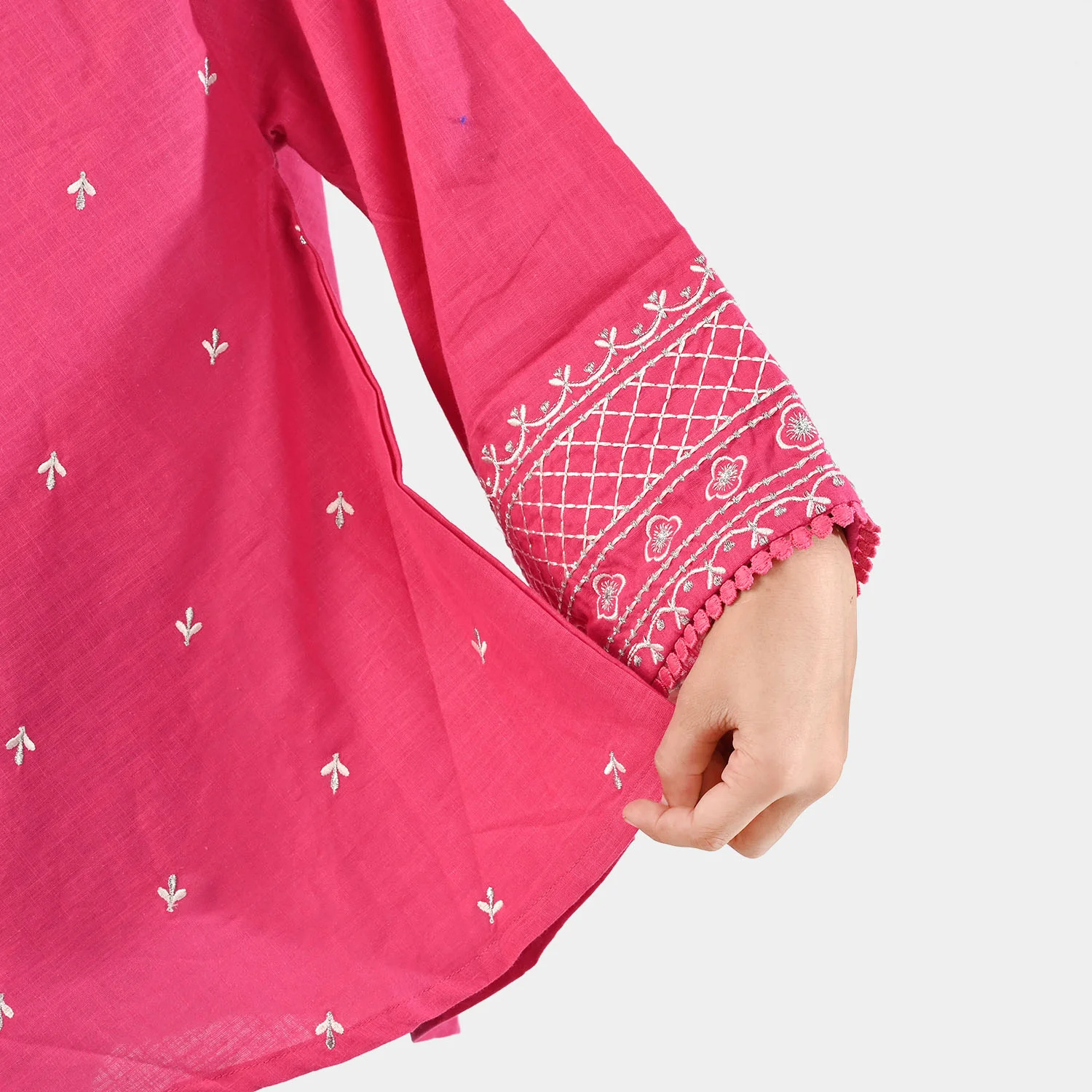 Girls Cotton Slub Emb Top-Pink - Image 3