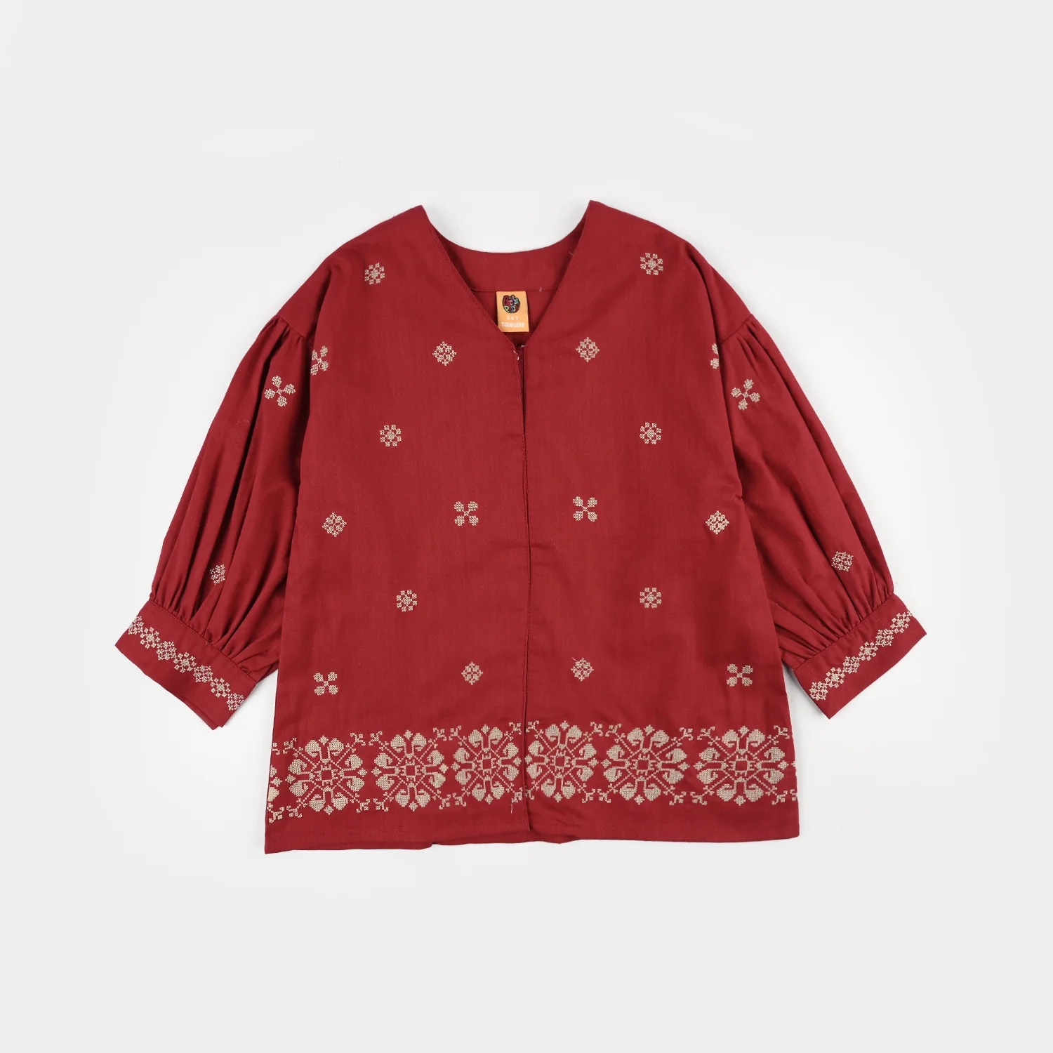 Girls Cotton Slub Embroidered Top (Red Cross Stitch) - Maroon