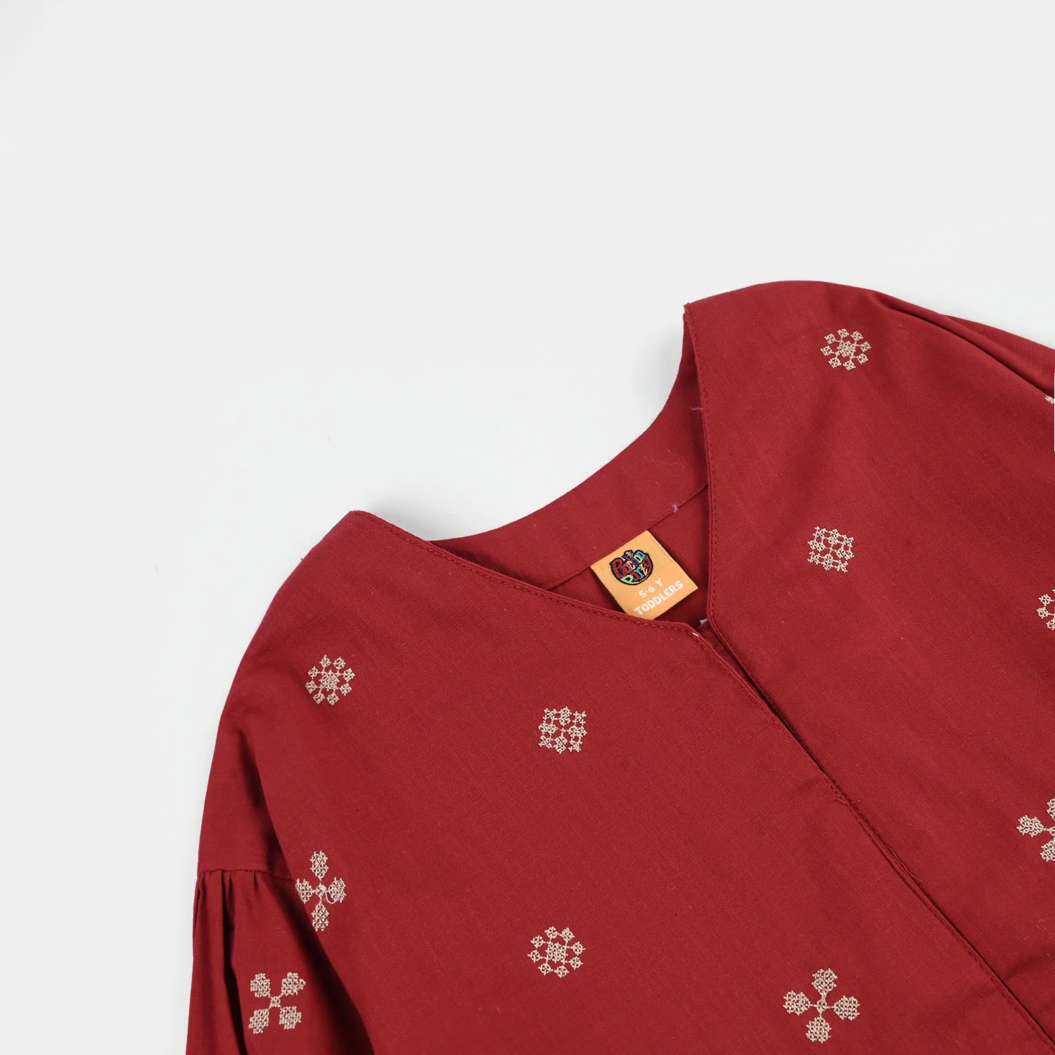 Girls Cotton Slub Embroidered Top (Red Cross Stitch) - Maroon - Image 2