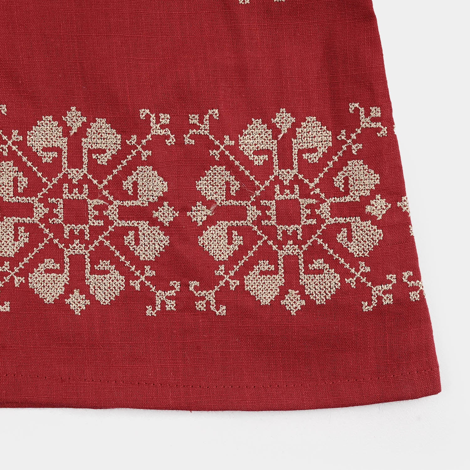 Girls Cotton Slub Embroidered Top (Red Cross Stitch) - Maroon - Image 3