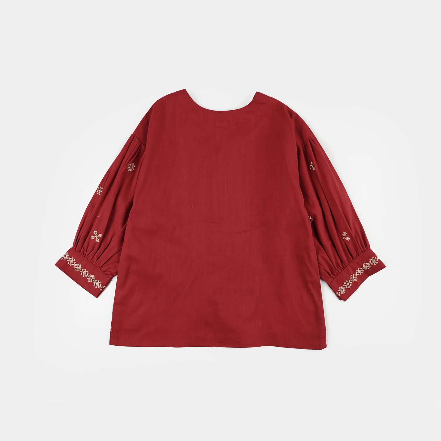 Girls Cotton Slub Embroidered Top (Red Cross Stitch) - Maroon - Image 5