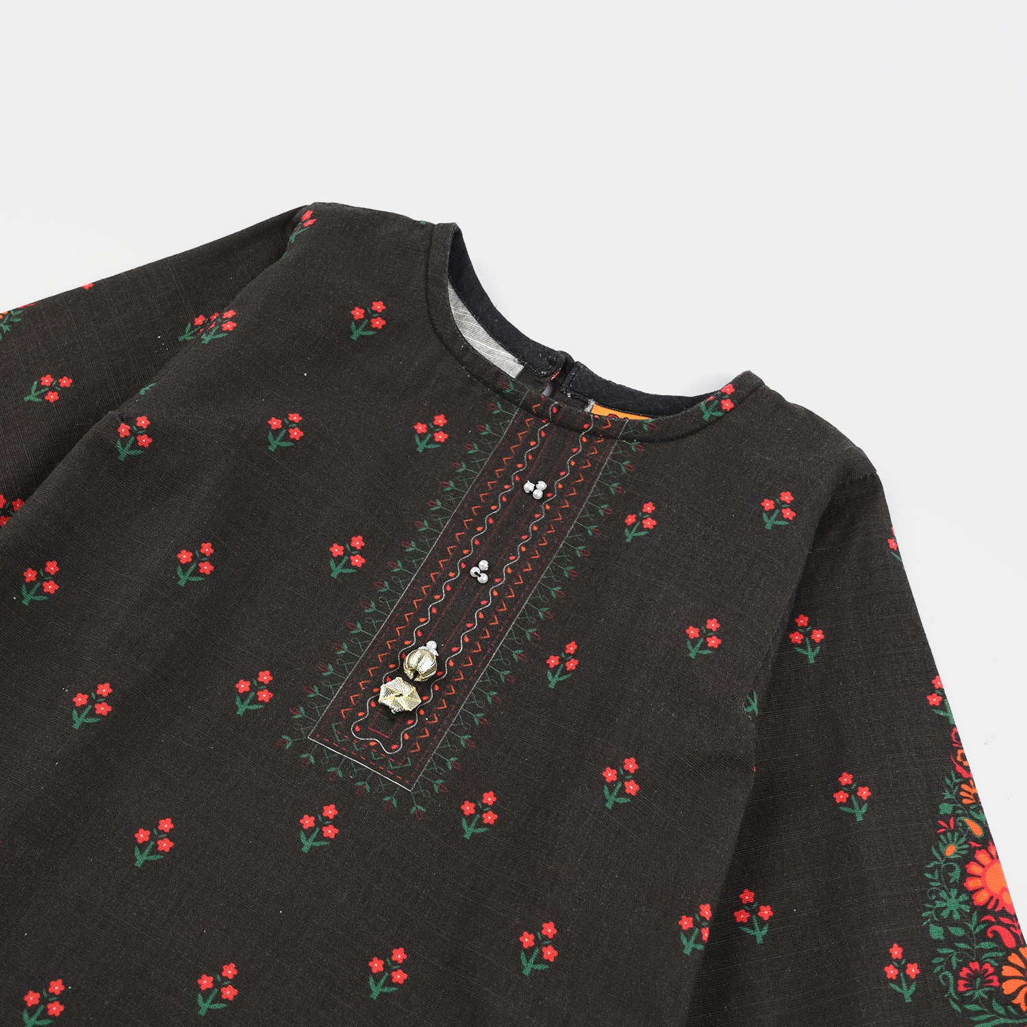 Girls Cotton Slub Printed Kurti Red Motif - Black - Image 2